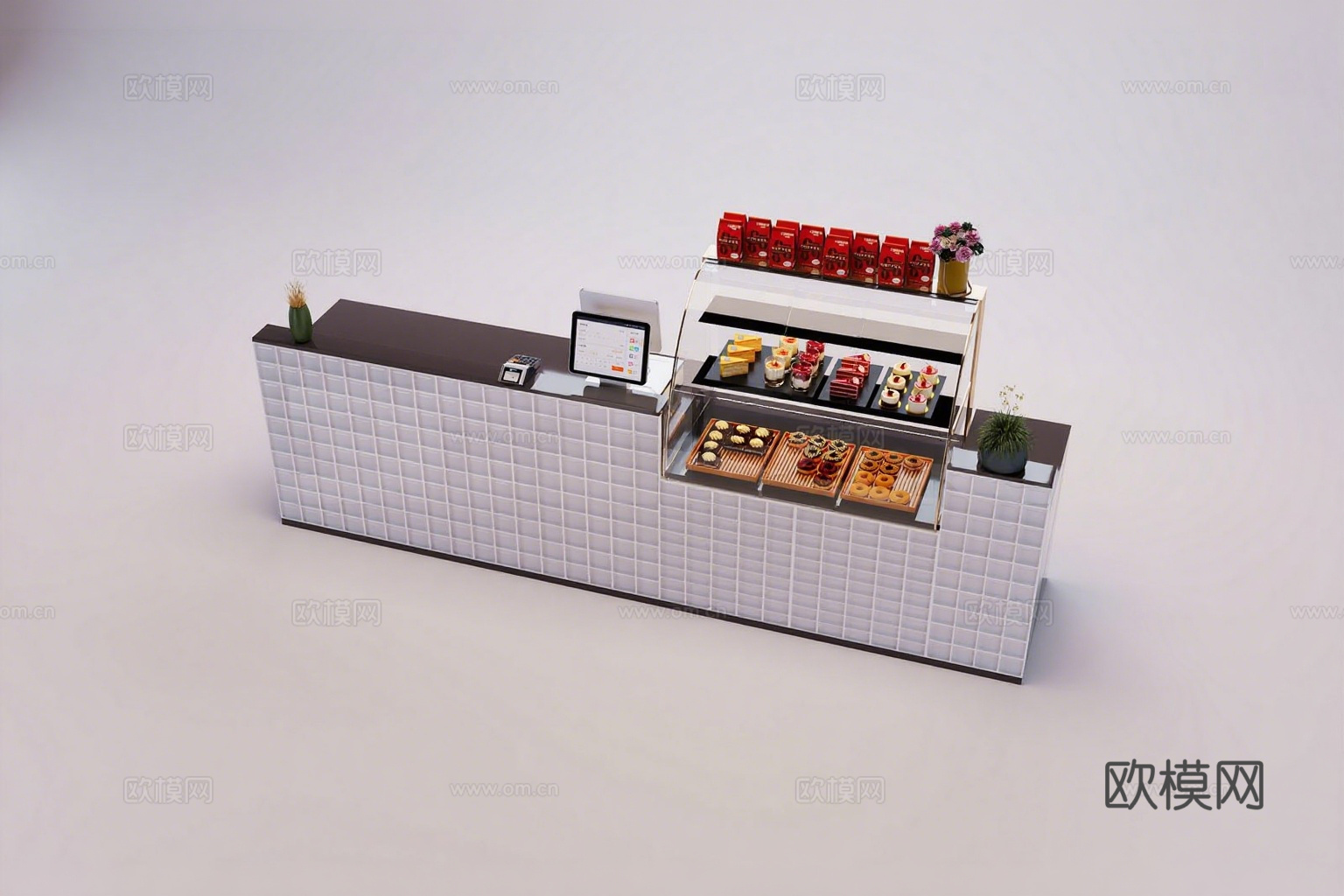 现代简约甜品柜台 白色方格瓷砖 深色台面 糕点陈列 绿植点缀3d模型下载（渲染图1）