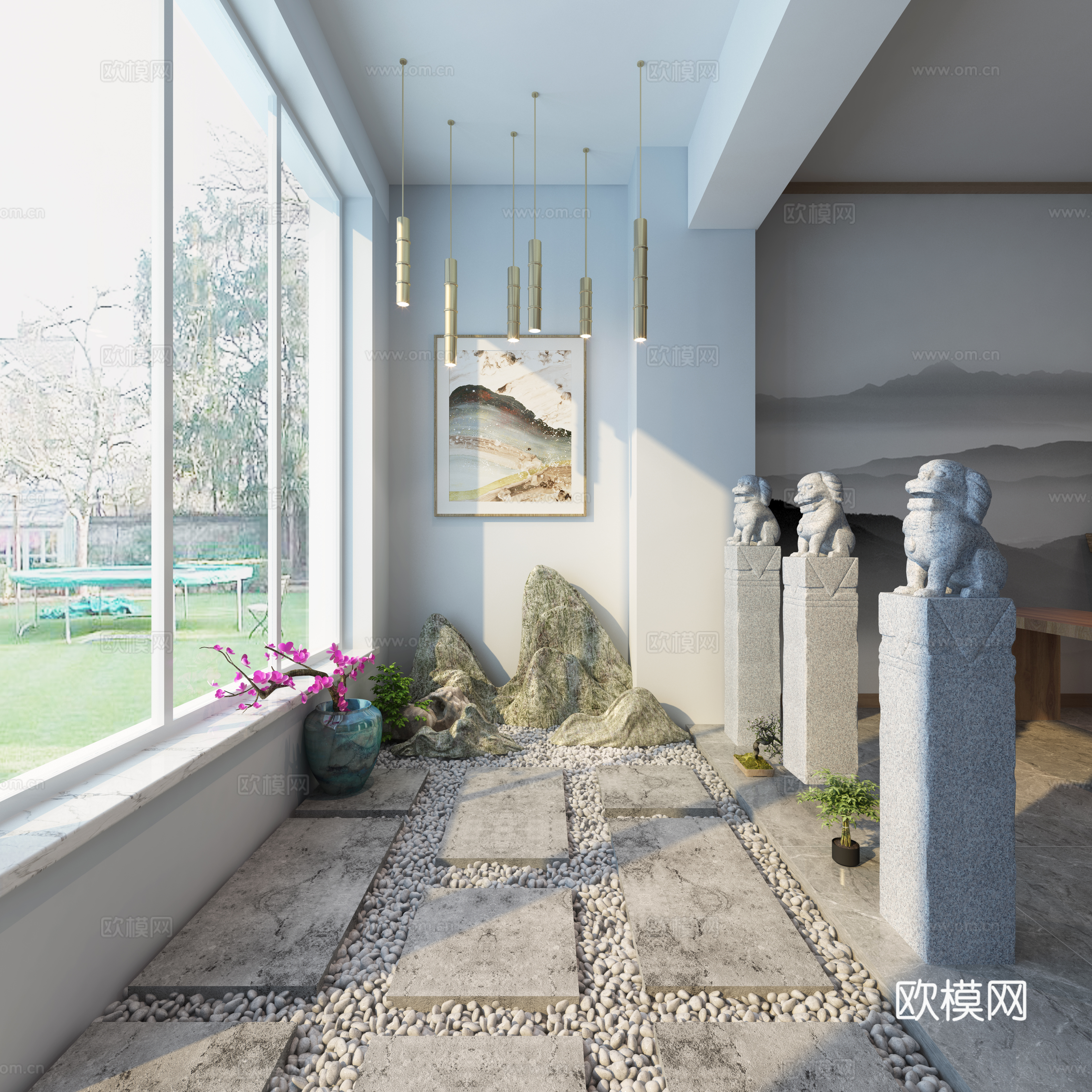 新中式阳台景观3d模型