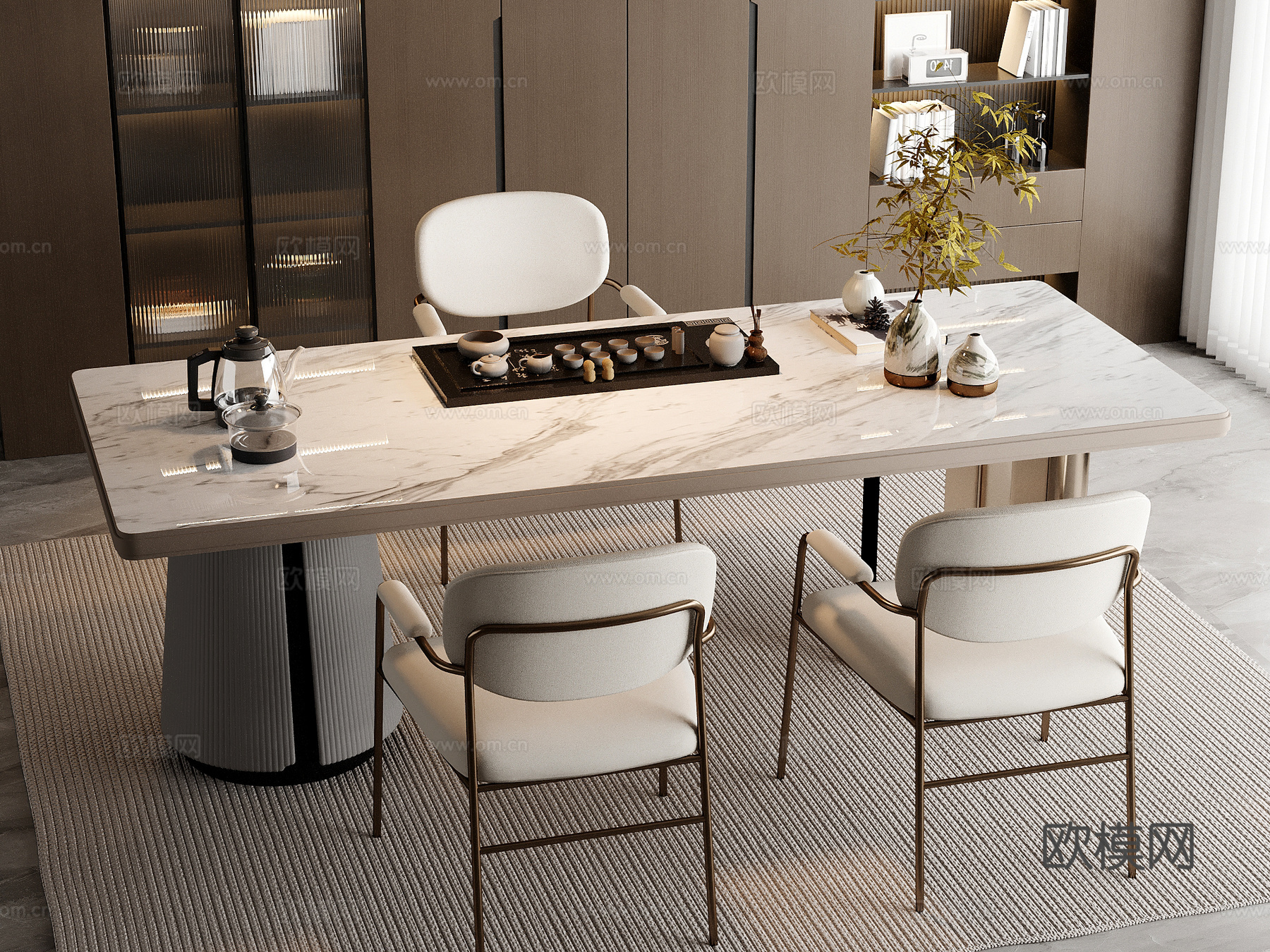 新中式 桌椅 茶桌椅 茶几 茶具3d模型下载（渲染图1）