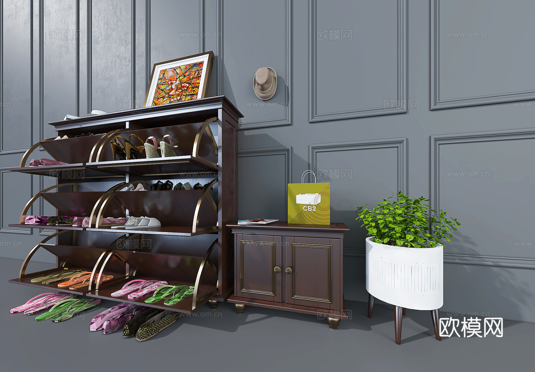 简欧欧式实木鞋柜3d模型下载（渲染图1）
