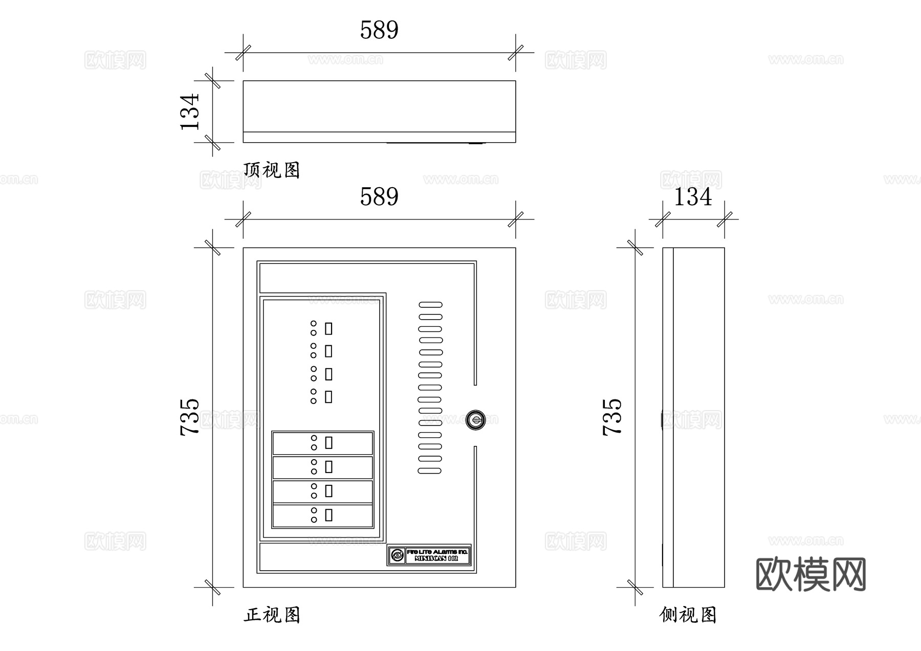 火灾报警控制器三视图 控制器平面图 控制器立面图 控制器剖面cad施工图