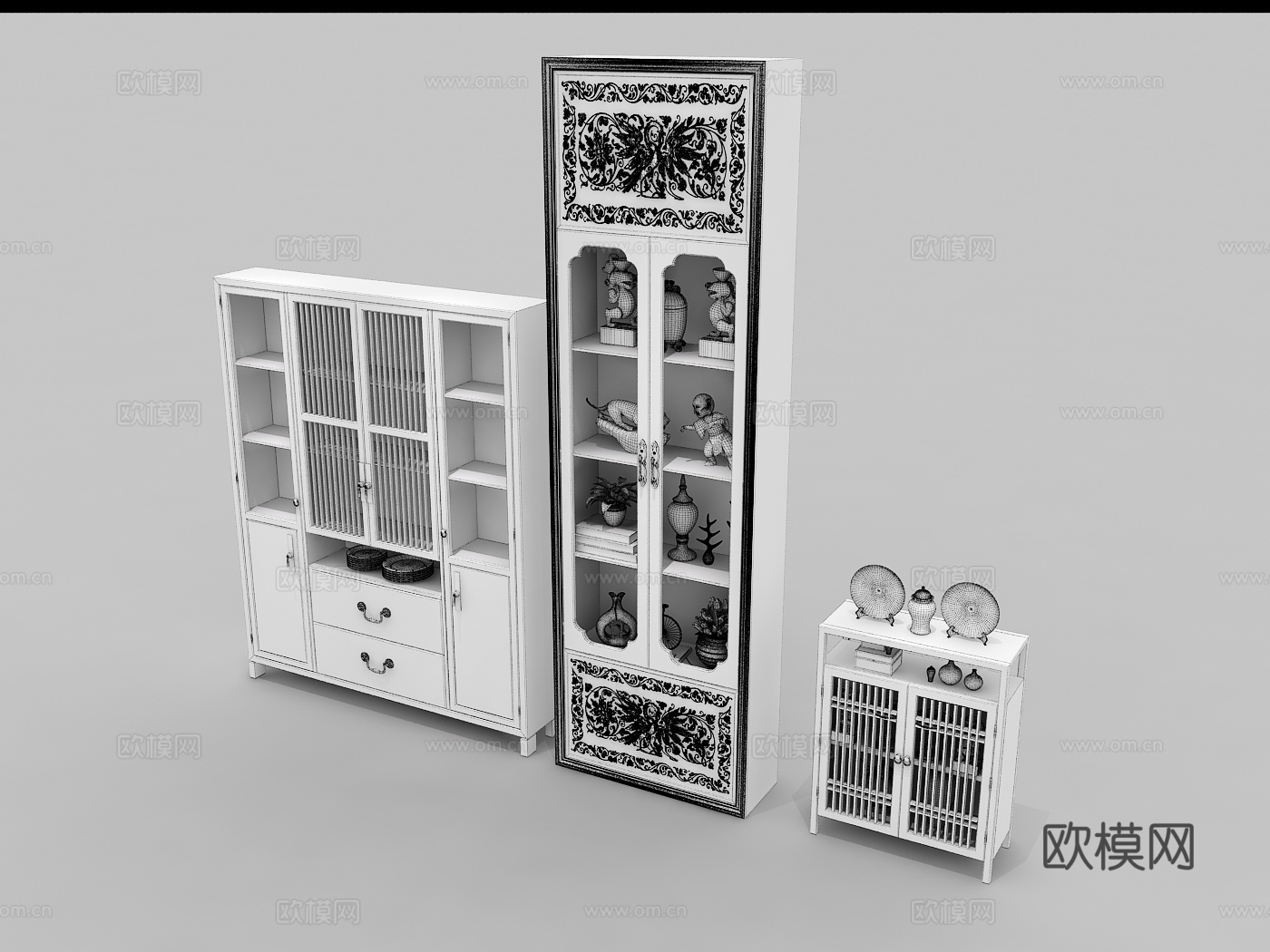 新中式客厅 中式客厅 家具风格装饰柜 书柜 边柜 酒柜3d模型