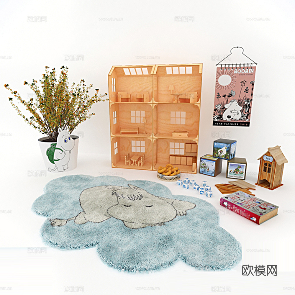 日式儿童装饰柜摆件地毯玩具3d模型