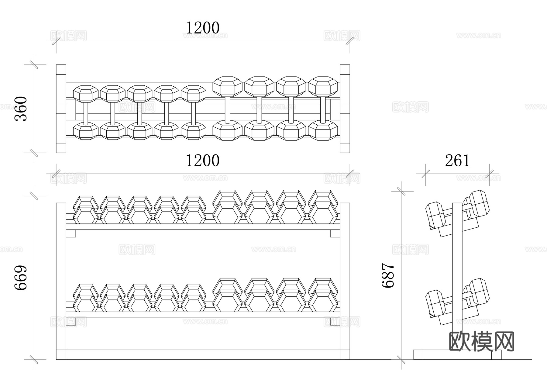 钢质哑铃架三视图 哑铃架平面图 哑铃架立面图 哑铃架剖面图cad施工图