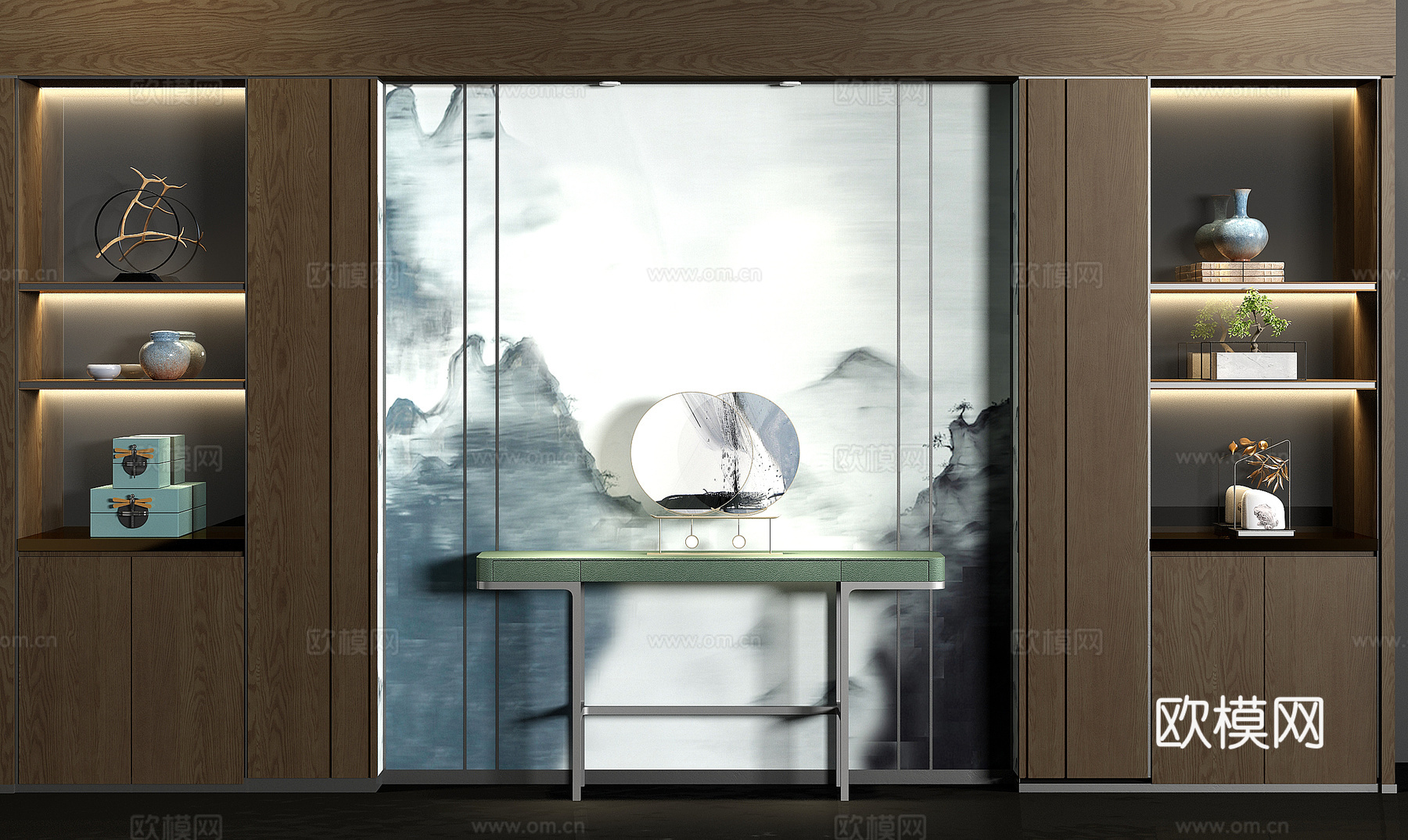新中式实木装饰柜案几饰品组合3d模型