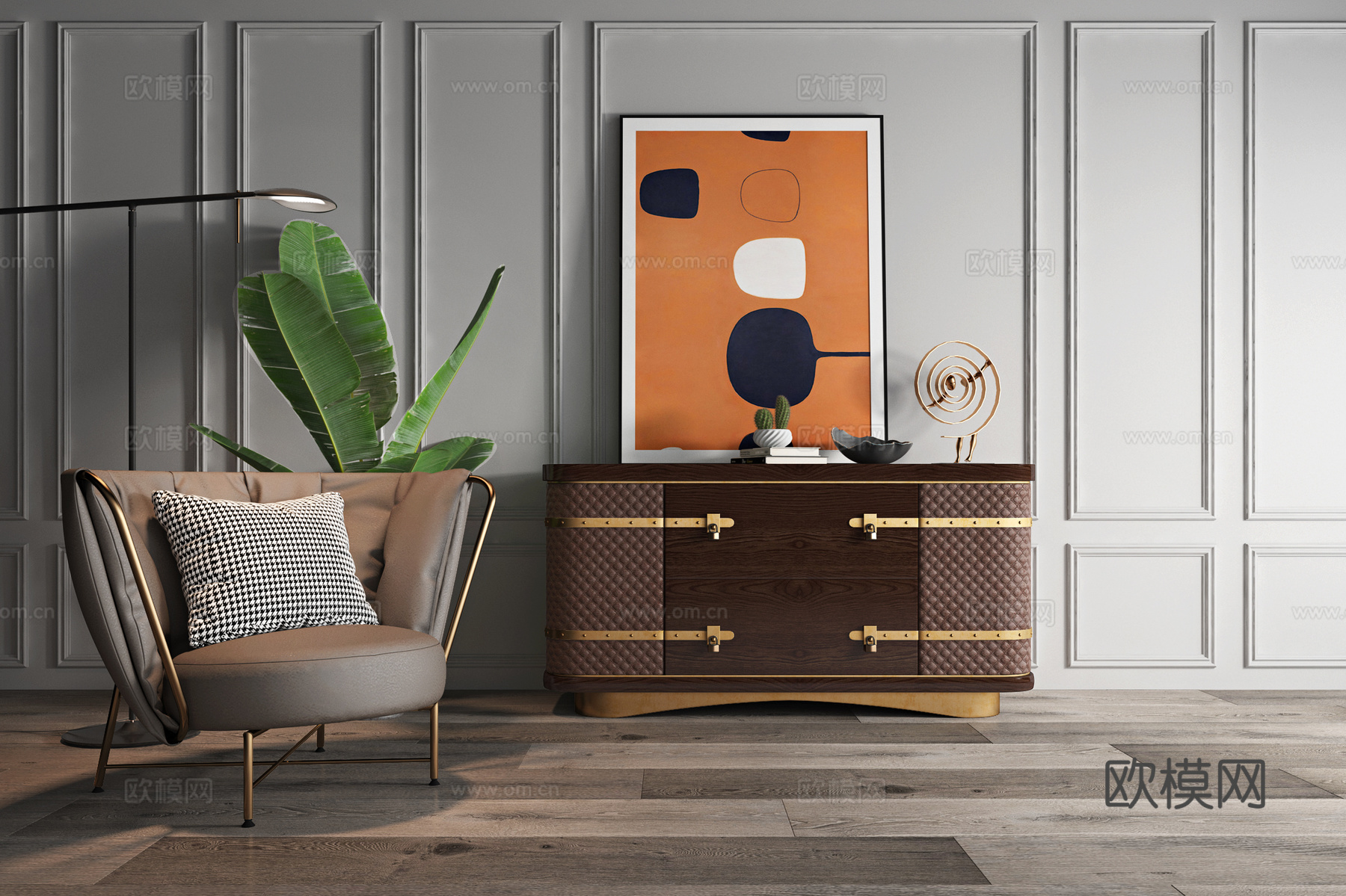 现代轻奢边柜组合 餐边柜 单人休闲沙发3d模型下载