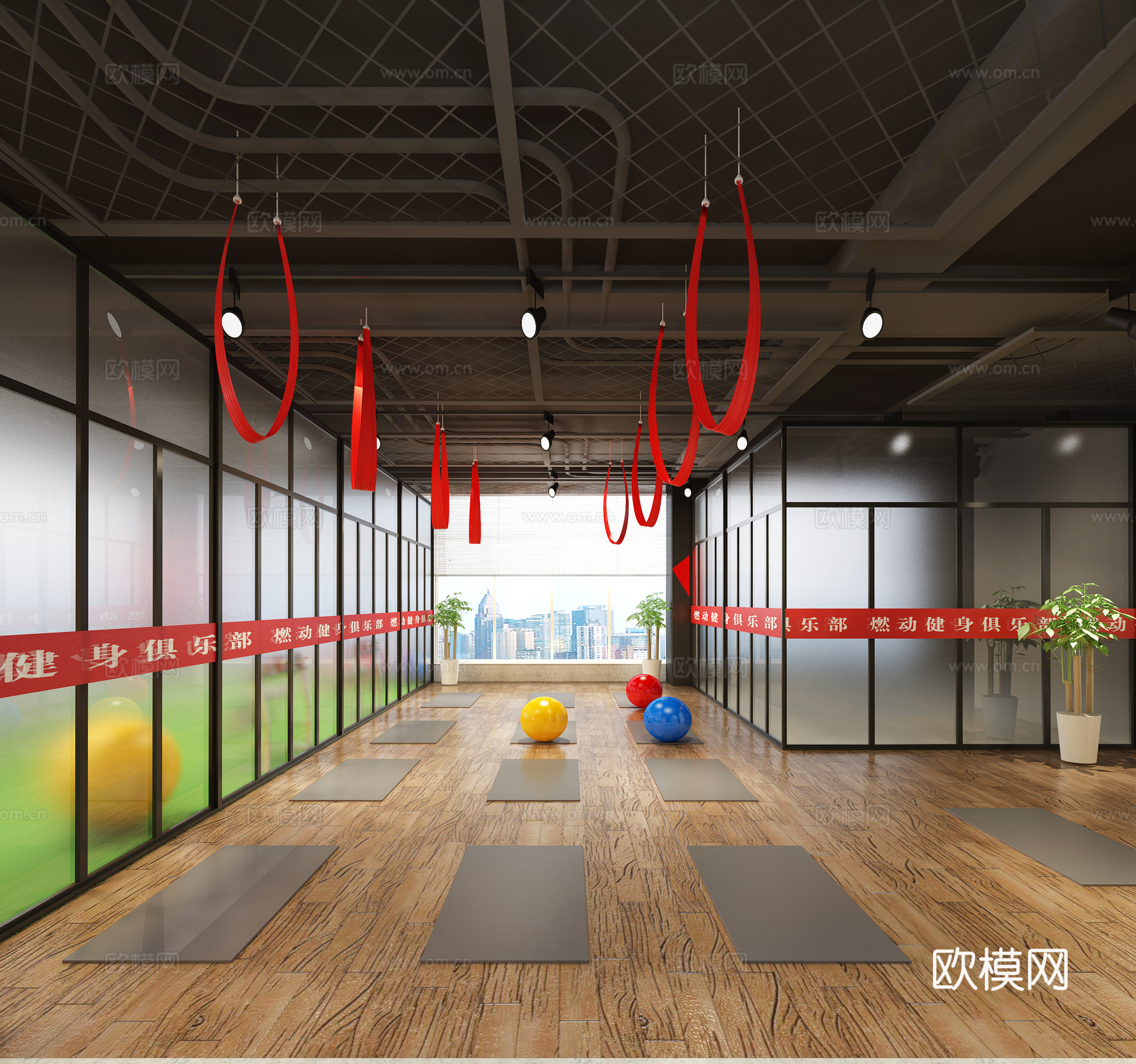 工业风健身房  私教室  瑜伽室 健身房器具3d模型