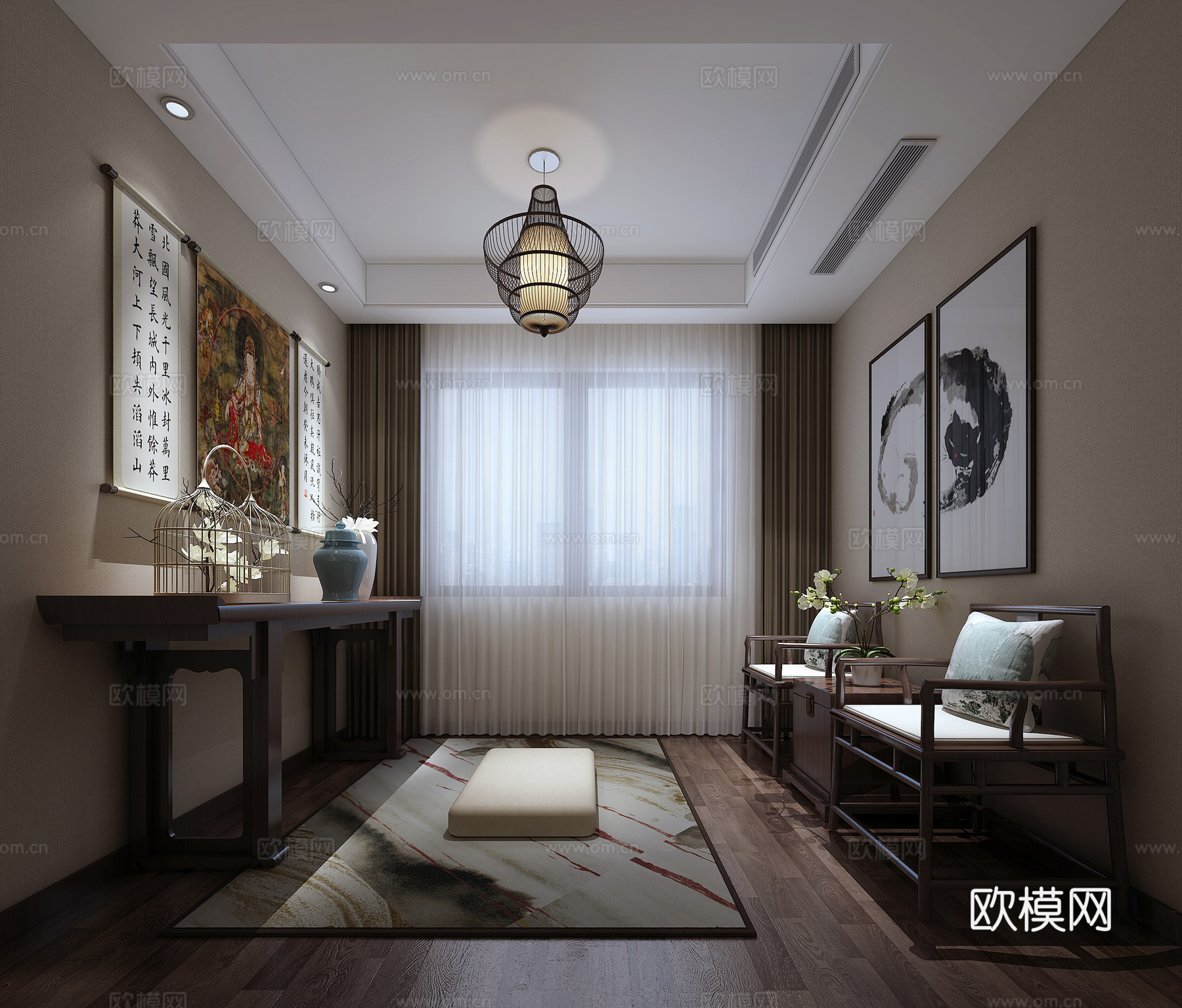 新中式佛堂边柜软垫椅子3d模型下载