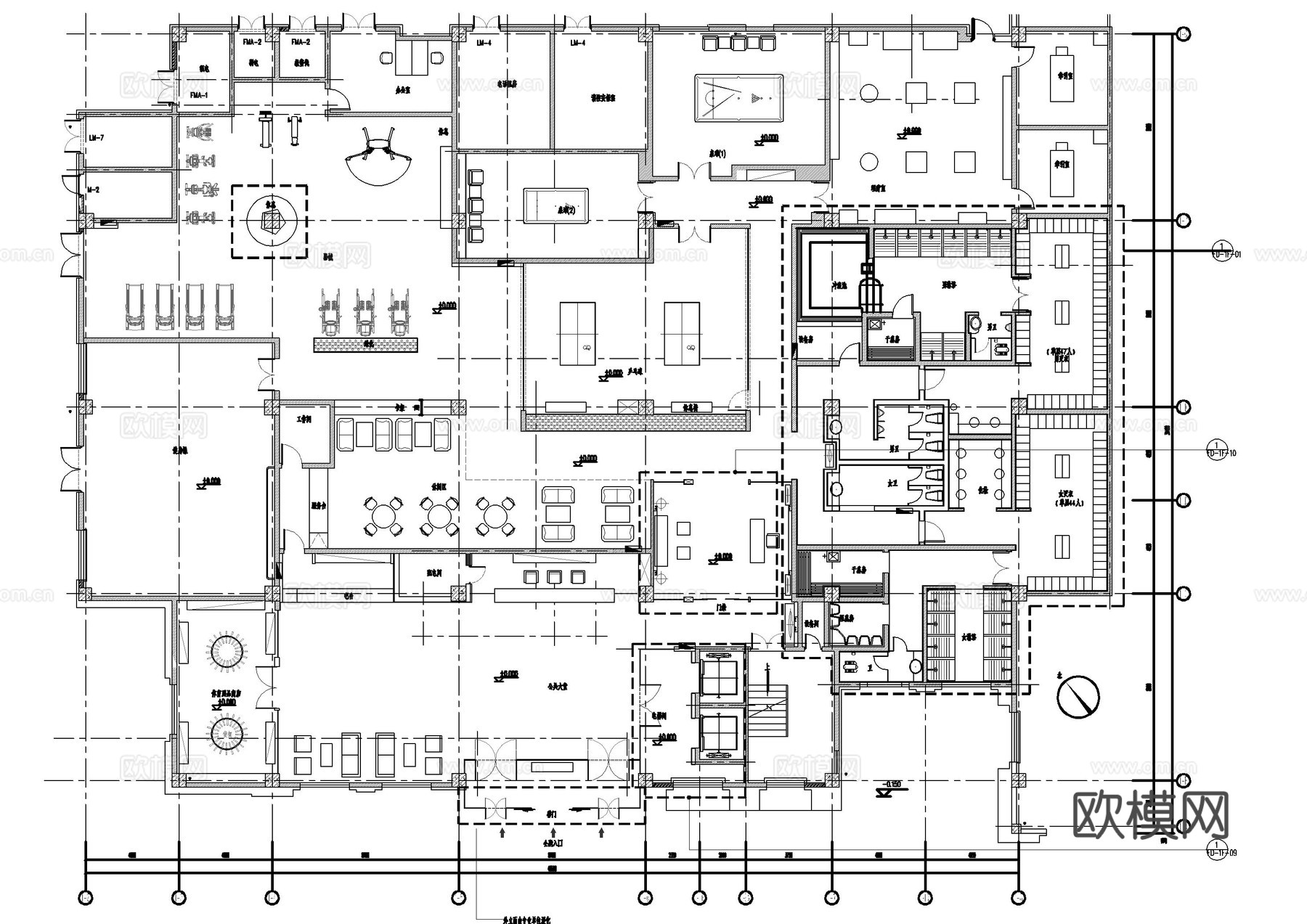 健身房台球休闲中心施工图cad施工图