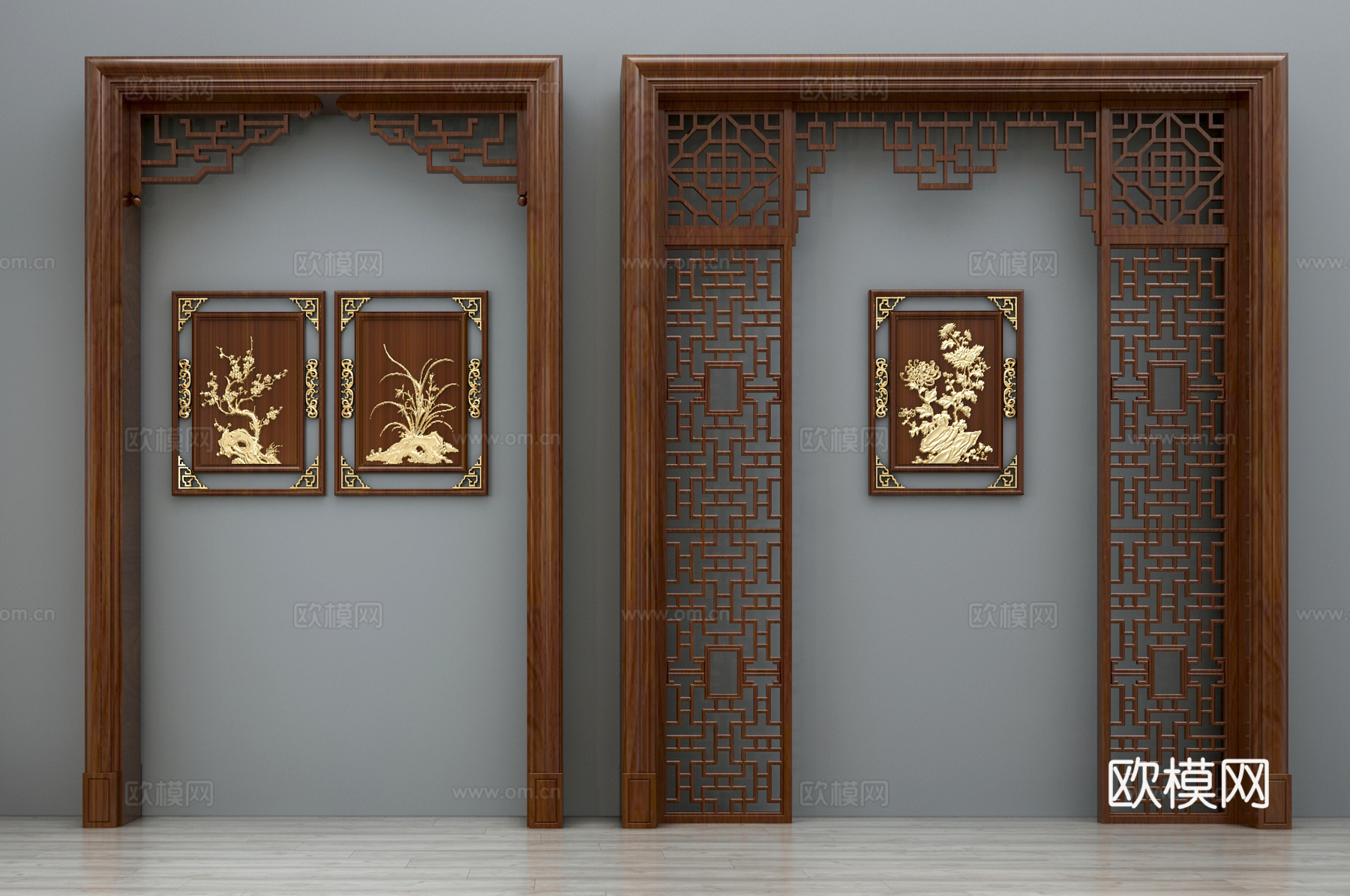 新中式门拱门洞中式隔断屏风新中式拱门装饰画组合3d模型
