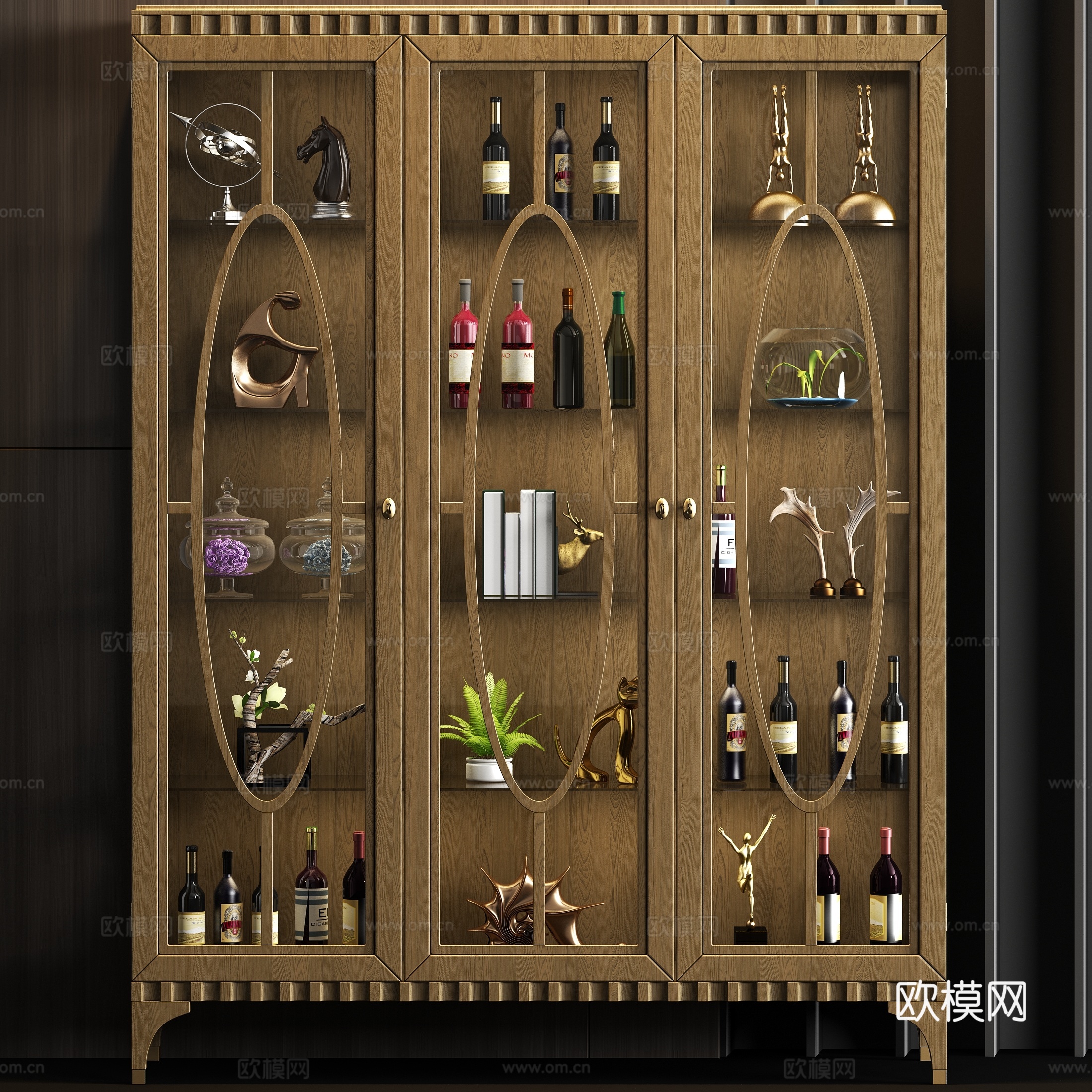 简欧实木装饰酒柜酒瓶饰品组合3d模型