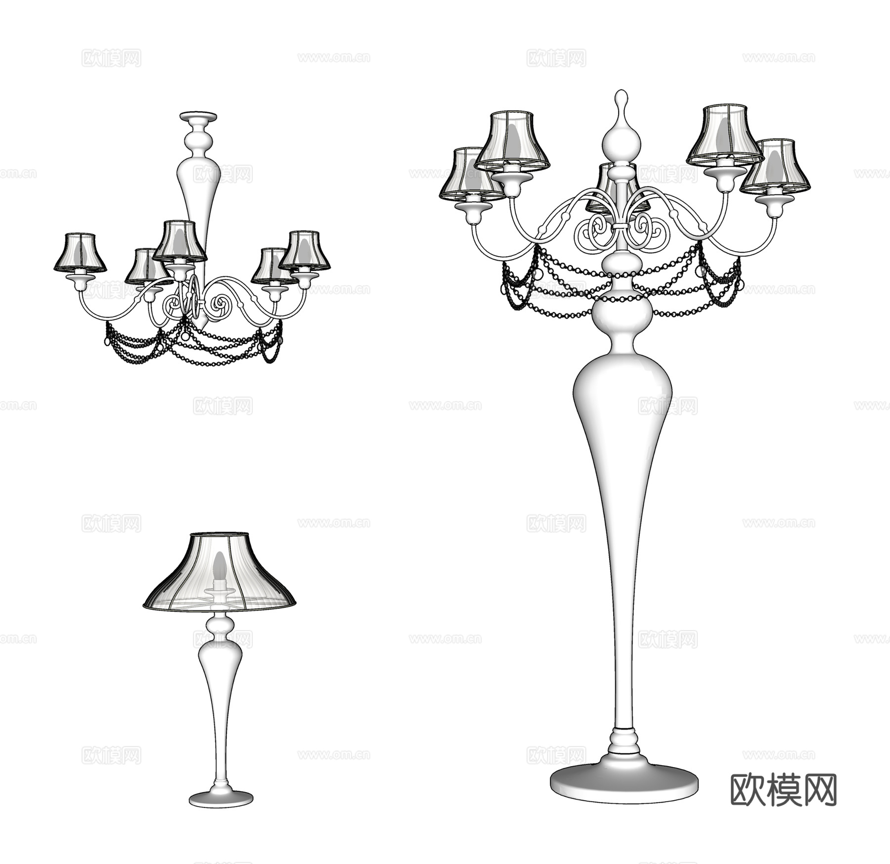 简欧吊灯 陶瓷吊灯 落地灯台灯  灯具组合su模型