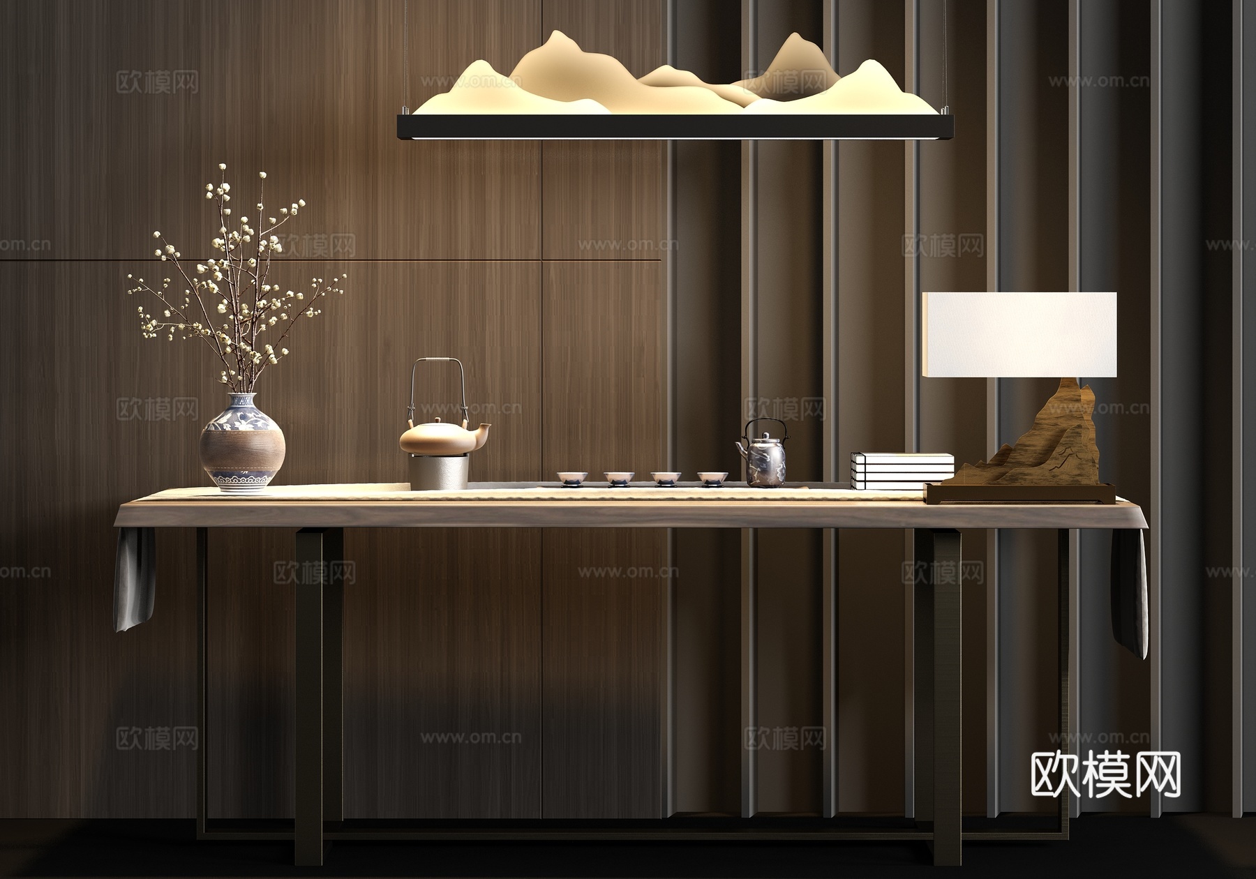 新中式品茶桌茶具吊灯饰品组合3d模型