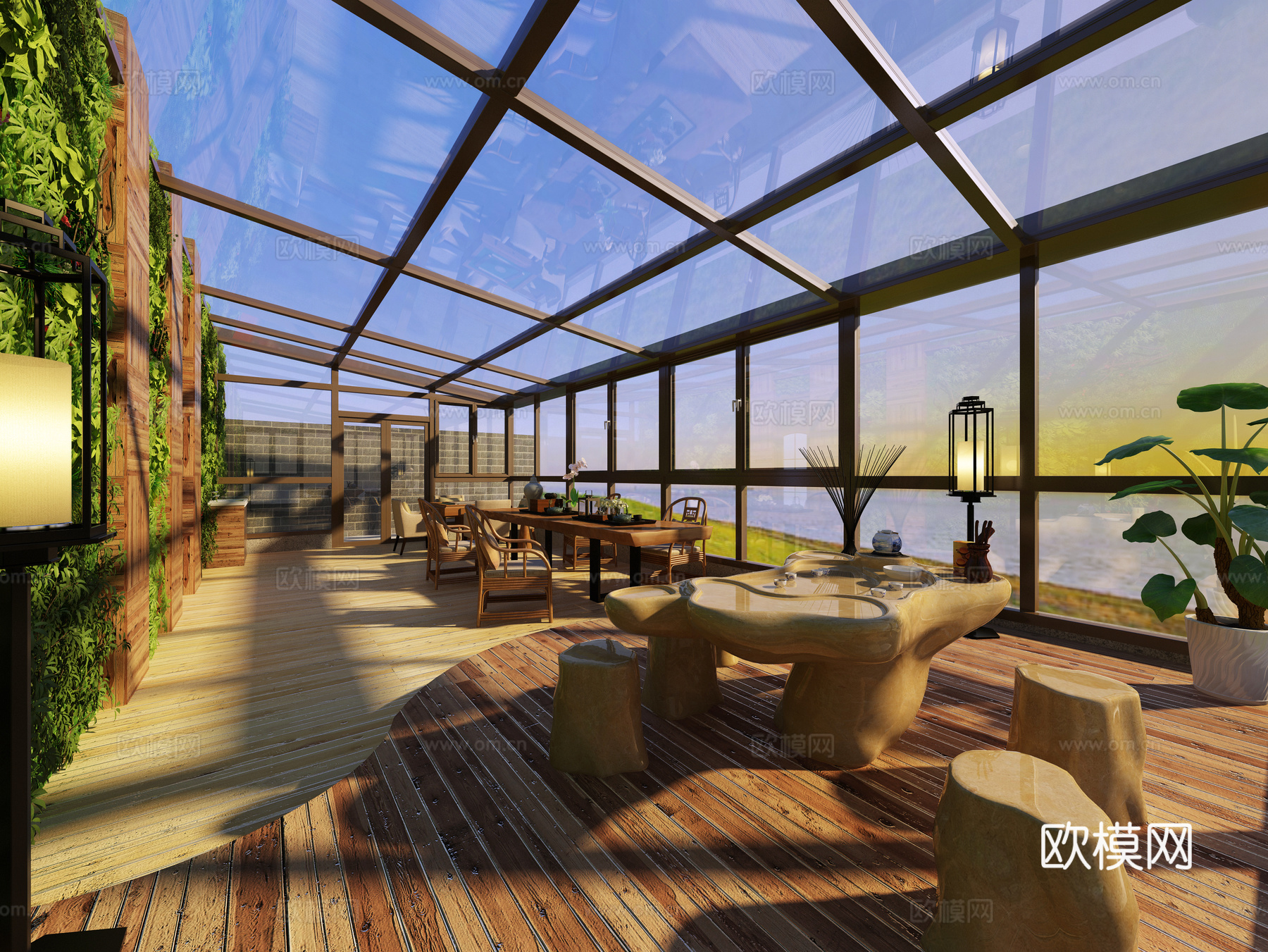 新中式现代家居阳光房花园阳台露台3d模型