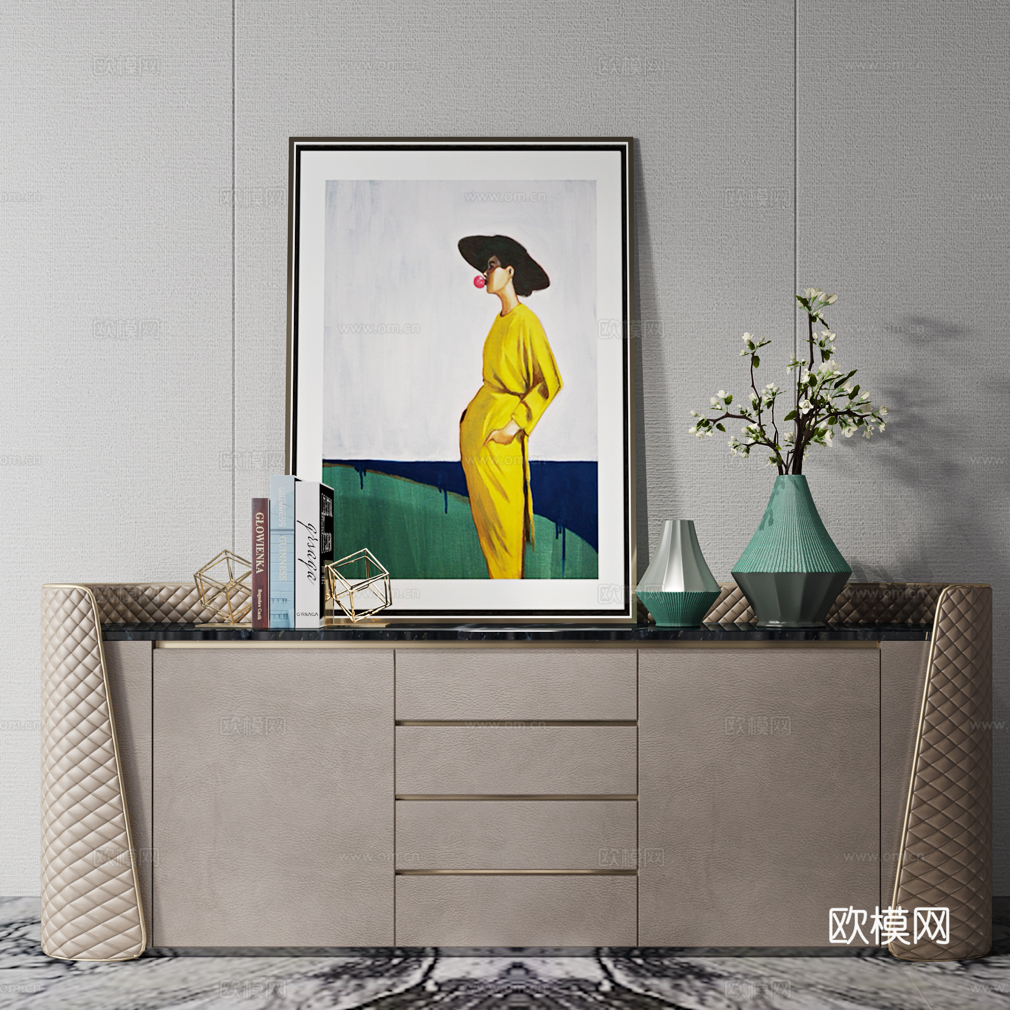 现代轻奢边柜 花瓶 挂画3d模型下载