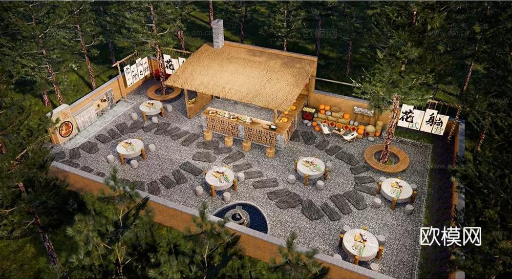 新中式乡村庭院 美丽乡村庭院 乡村美食庭院su模型