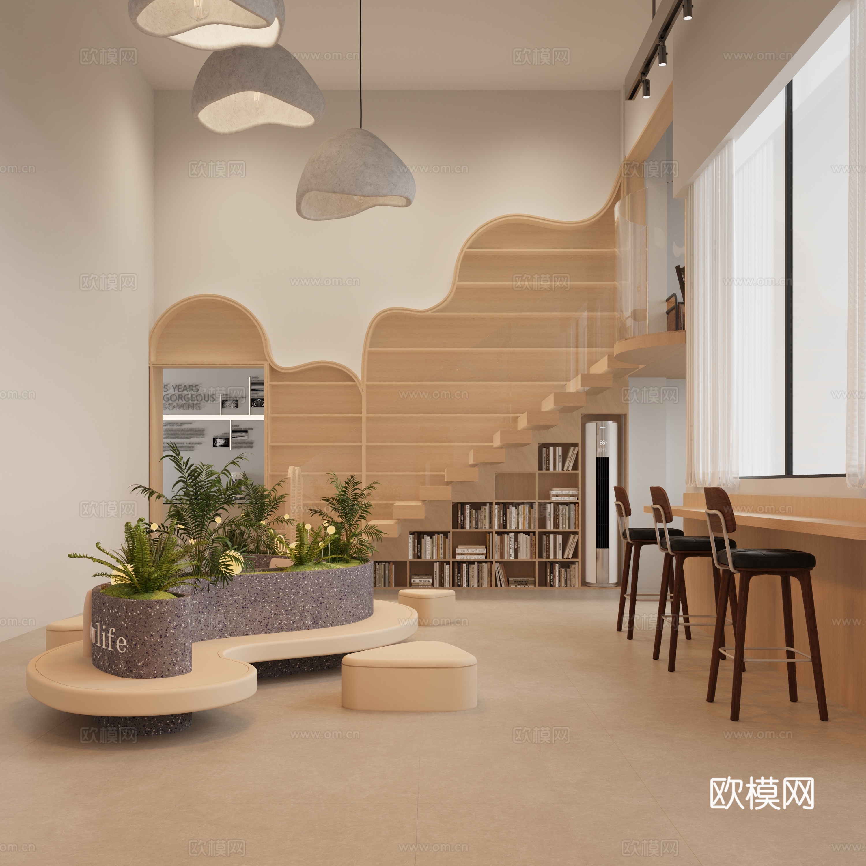 活动大厅 书店 阅读大厅 楼梯书架 书社 书店前台 培训机构3d模型