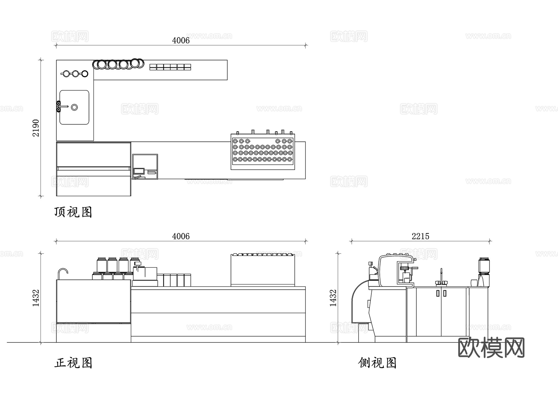 咖啡厅柜台三视图 柜台平面图 柜台立面图 柜台剖面图 咖啡吧cad施工图
