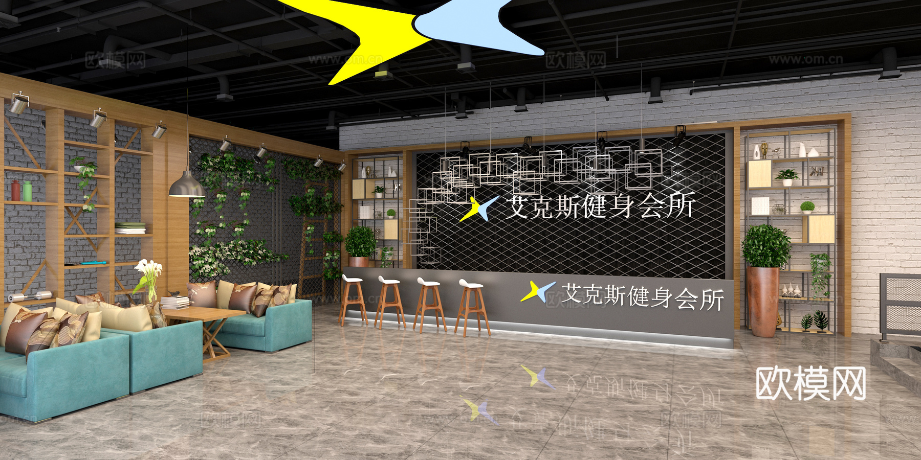 工业风健身房 大厅3d模型