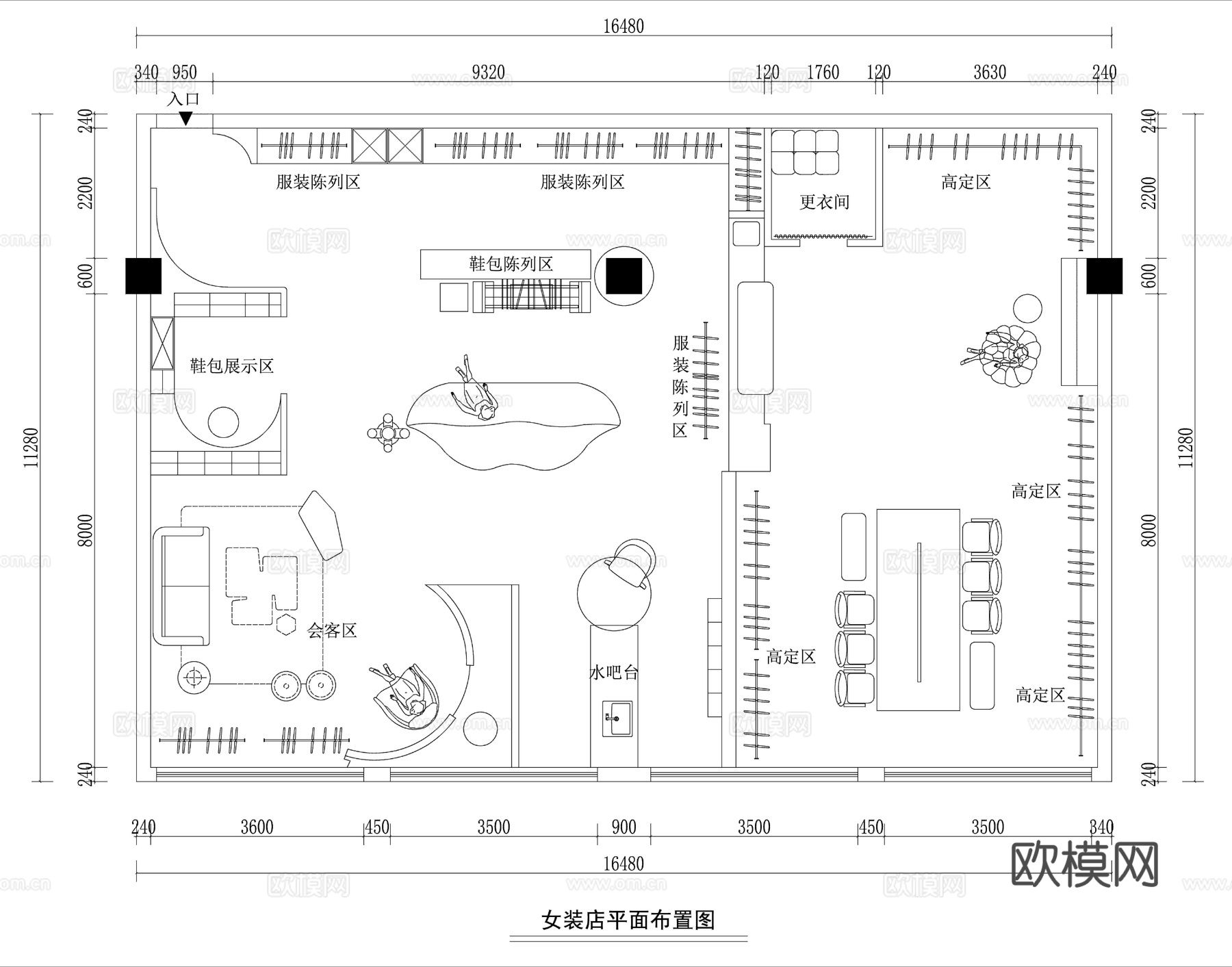 现代女装店平面方案图cad施工图