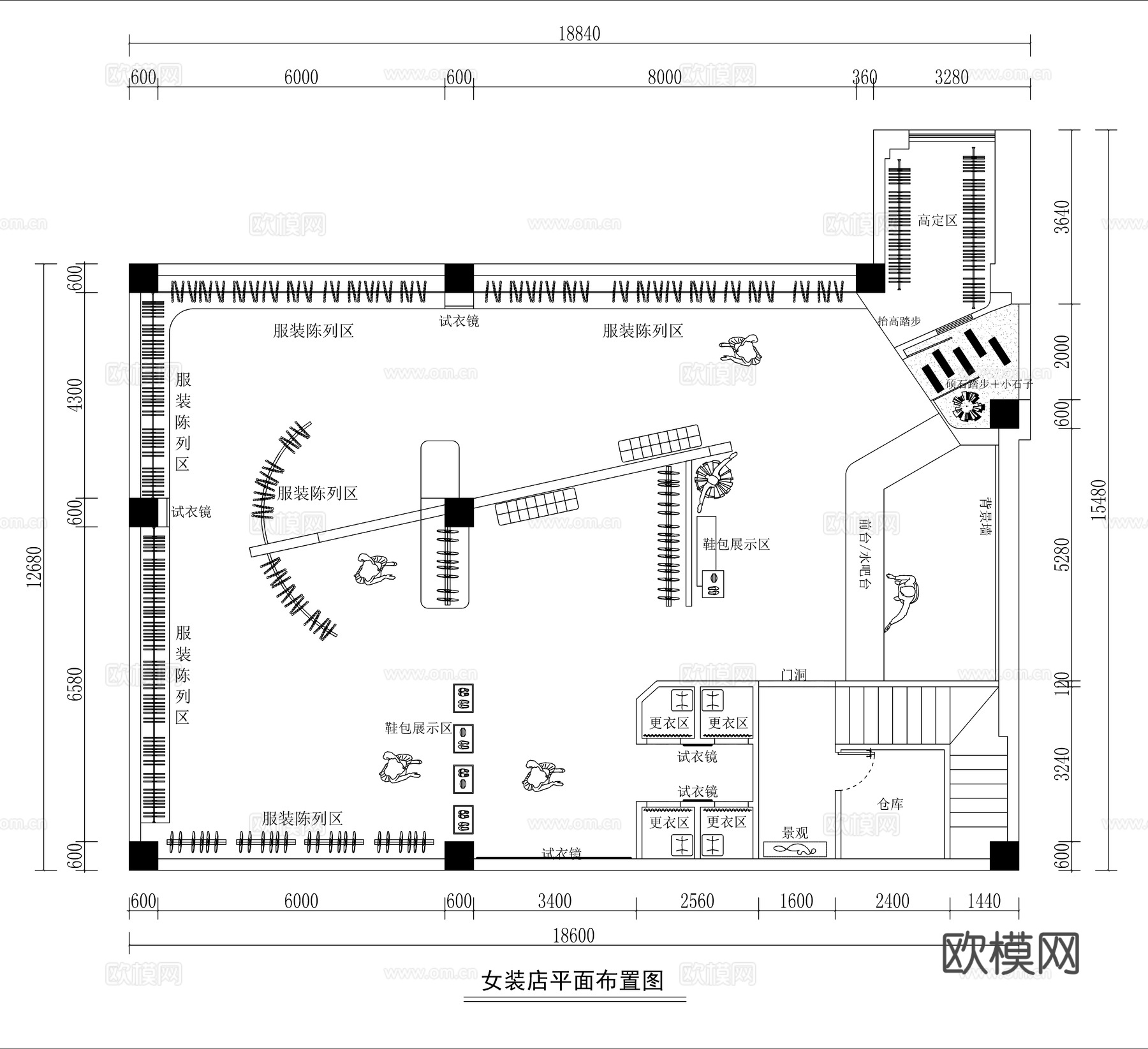 现代服装店平面方案图cad施工图