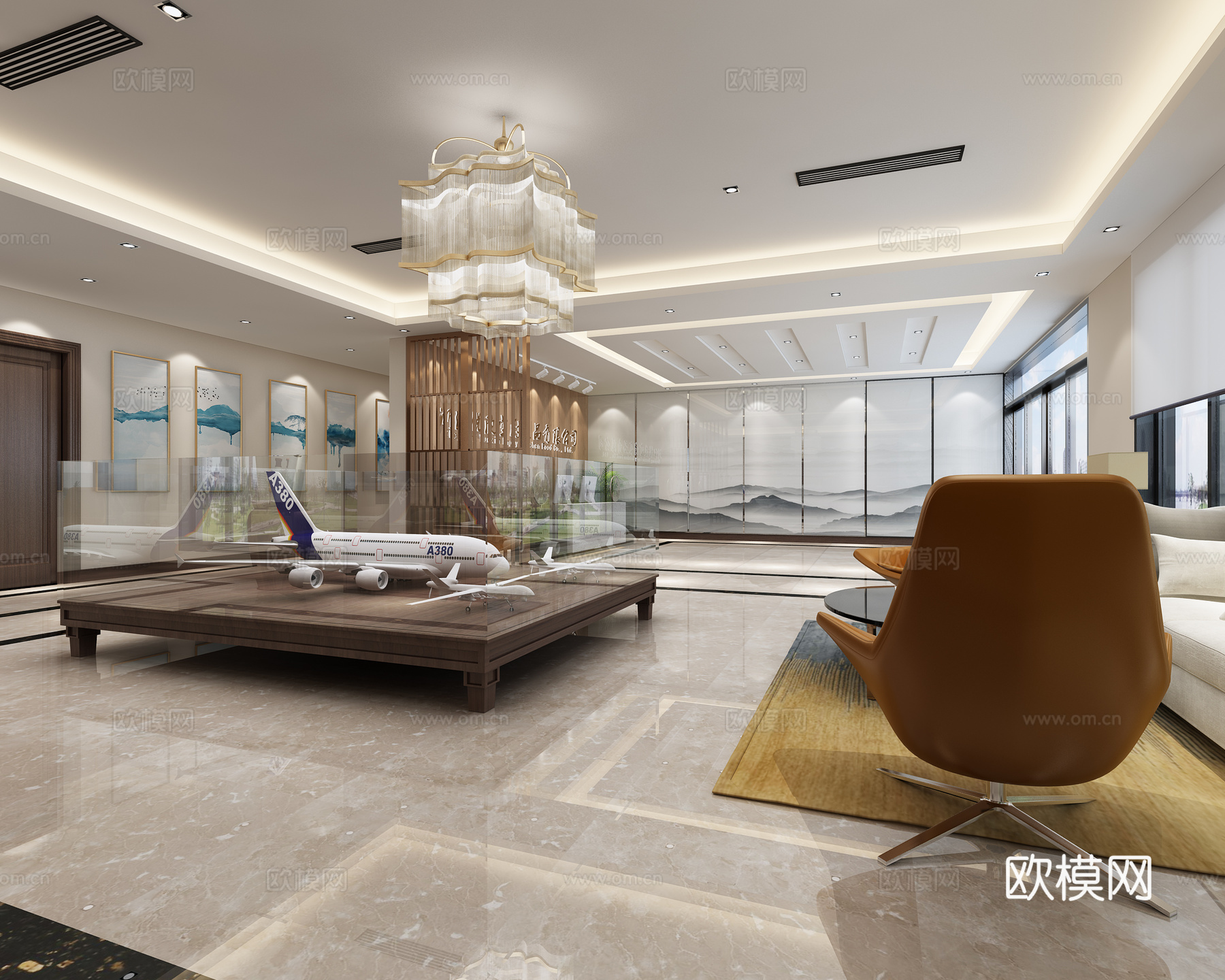 现代展厅 飞机 航模 大厅前台隔断沙发茶几 挂画3d模型