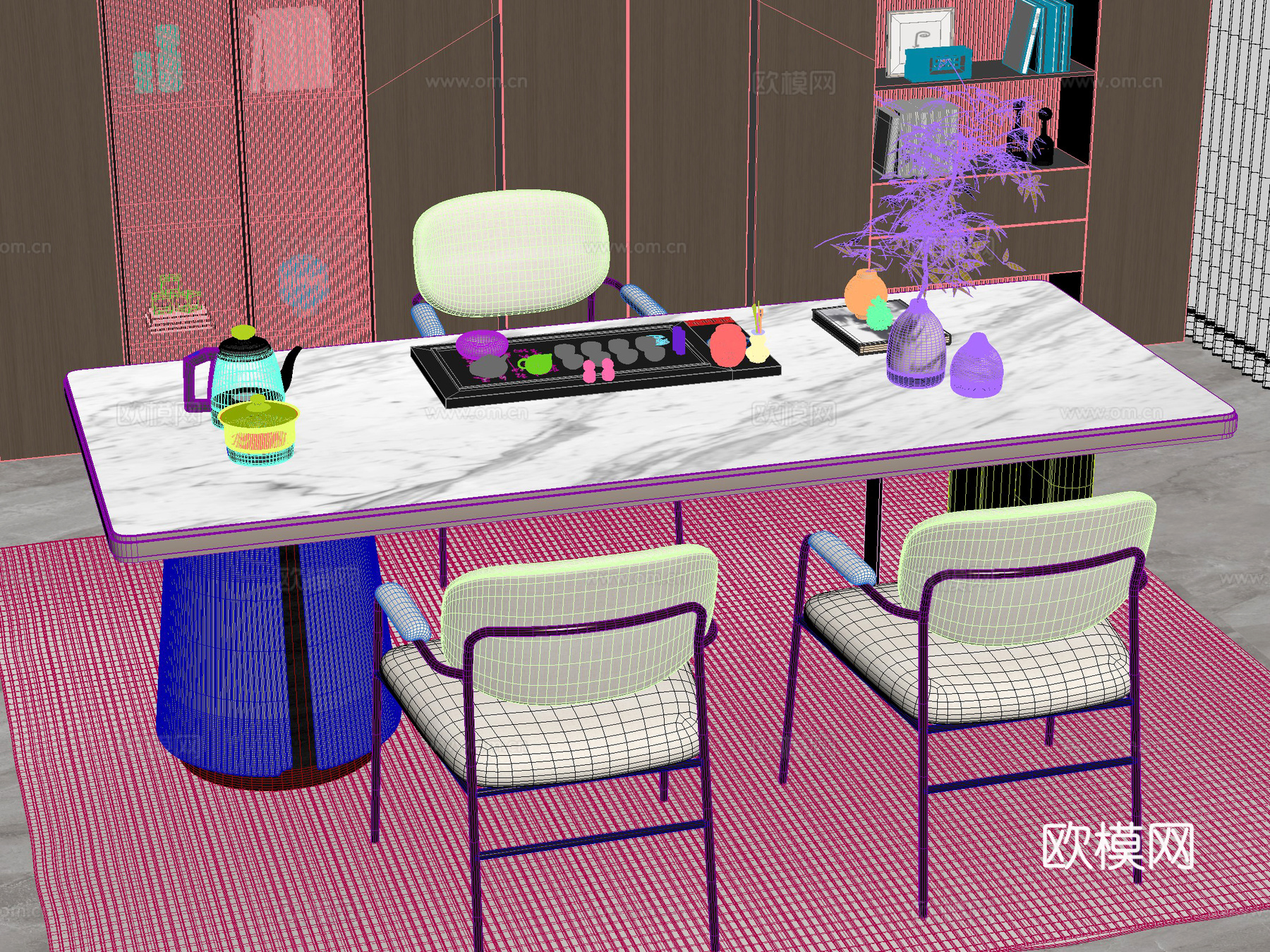 新中式 桌椅 茶桌椅 茶几 茶具3d模型下载（渲染图2）