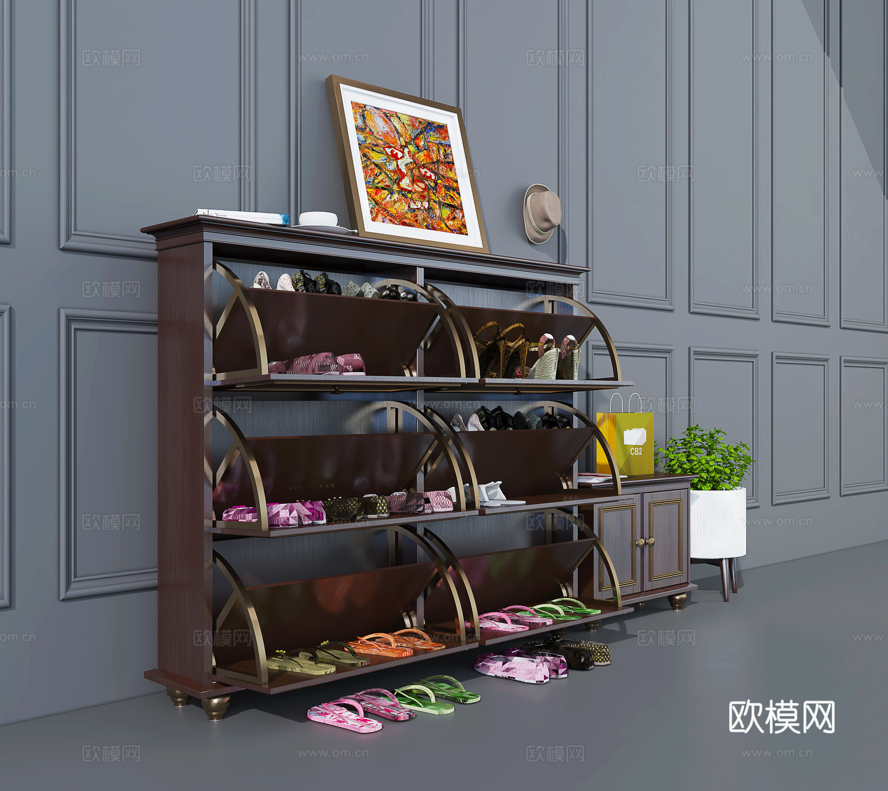 简欧欧式实木鞋柜3d模型下载（渲染图2）