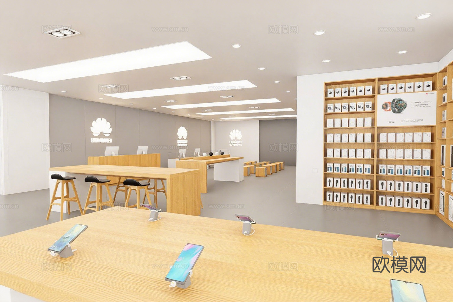 现代华为门店 数码店手机店 木质展桌 产品陈列墙 华为Logsu模型