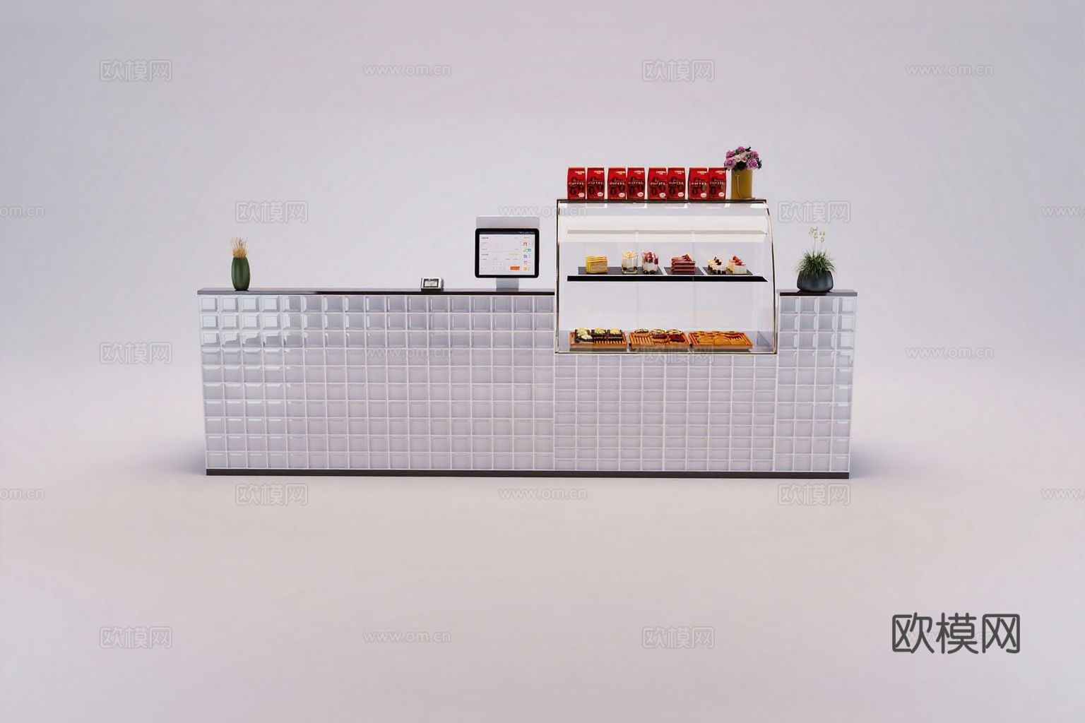 现代简约甜品柜台 白色方格瓷砖 深色台面 糕点陈列 绿植点缀3d模型下载（渲染图2）
