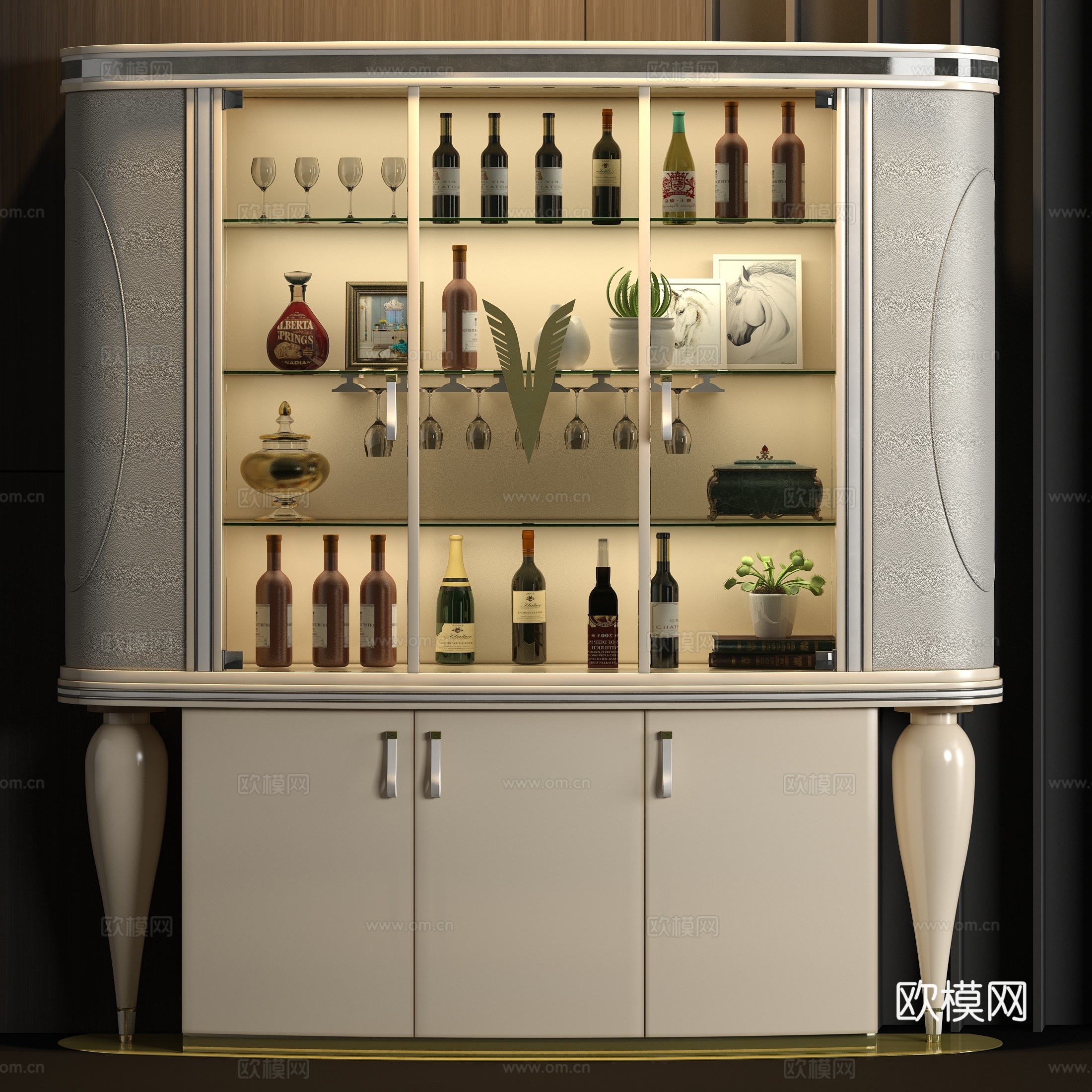 简欧欧式轻奢皮革酒柜酒瓶饰品组合3d模型