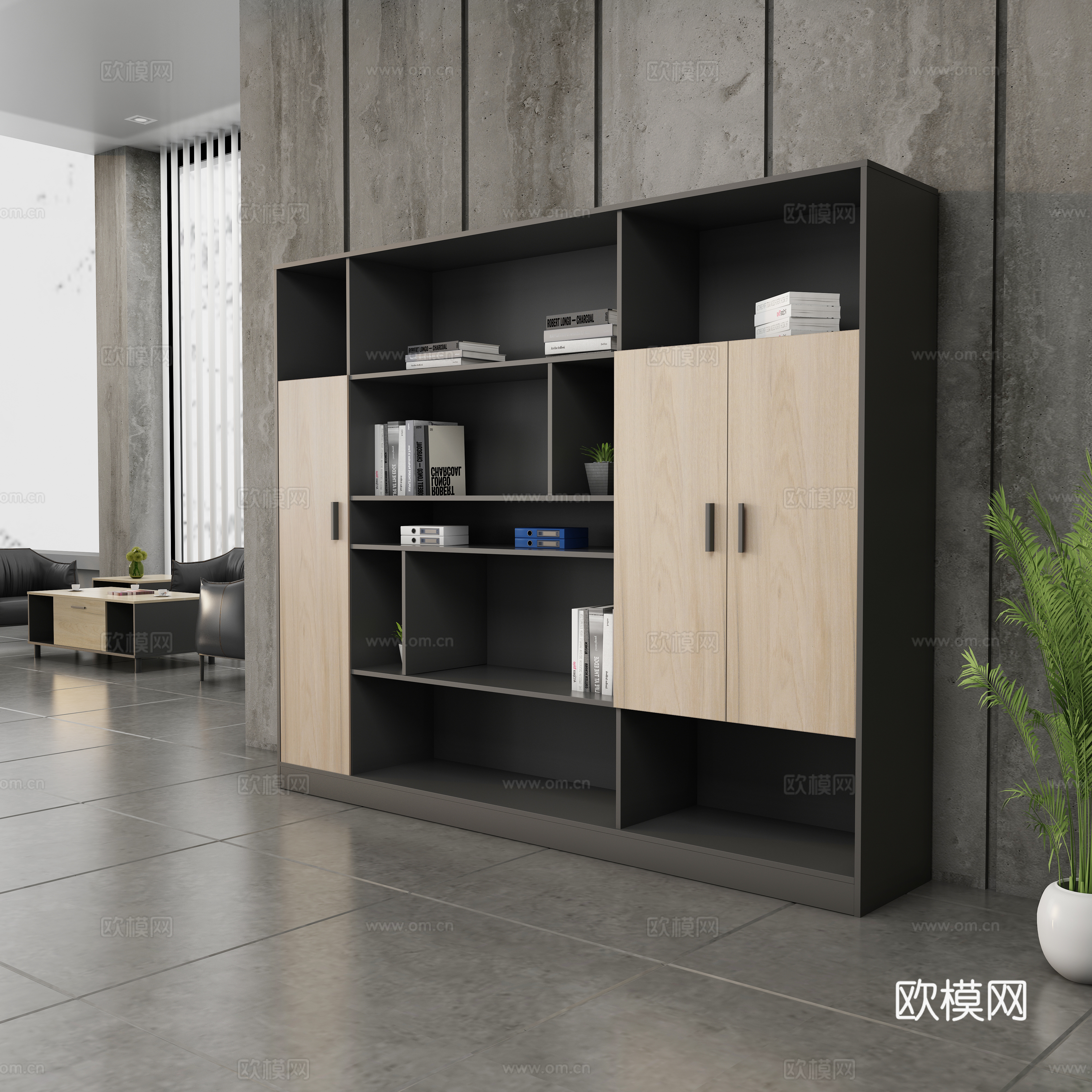 现代办公室 经理室 深色木纹主管文件柜3d模型
