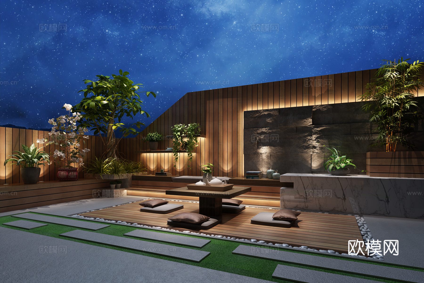 新中式露台 绿植休闲桌椅仿古砖3d模型