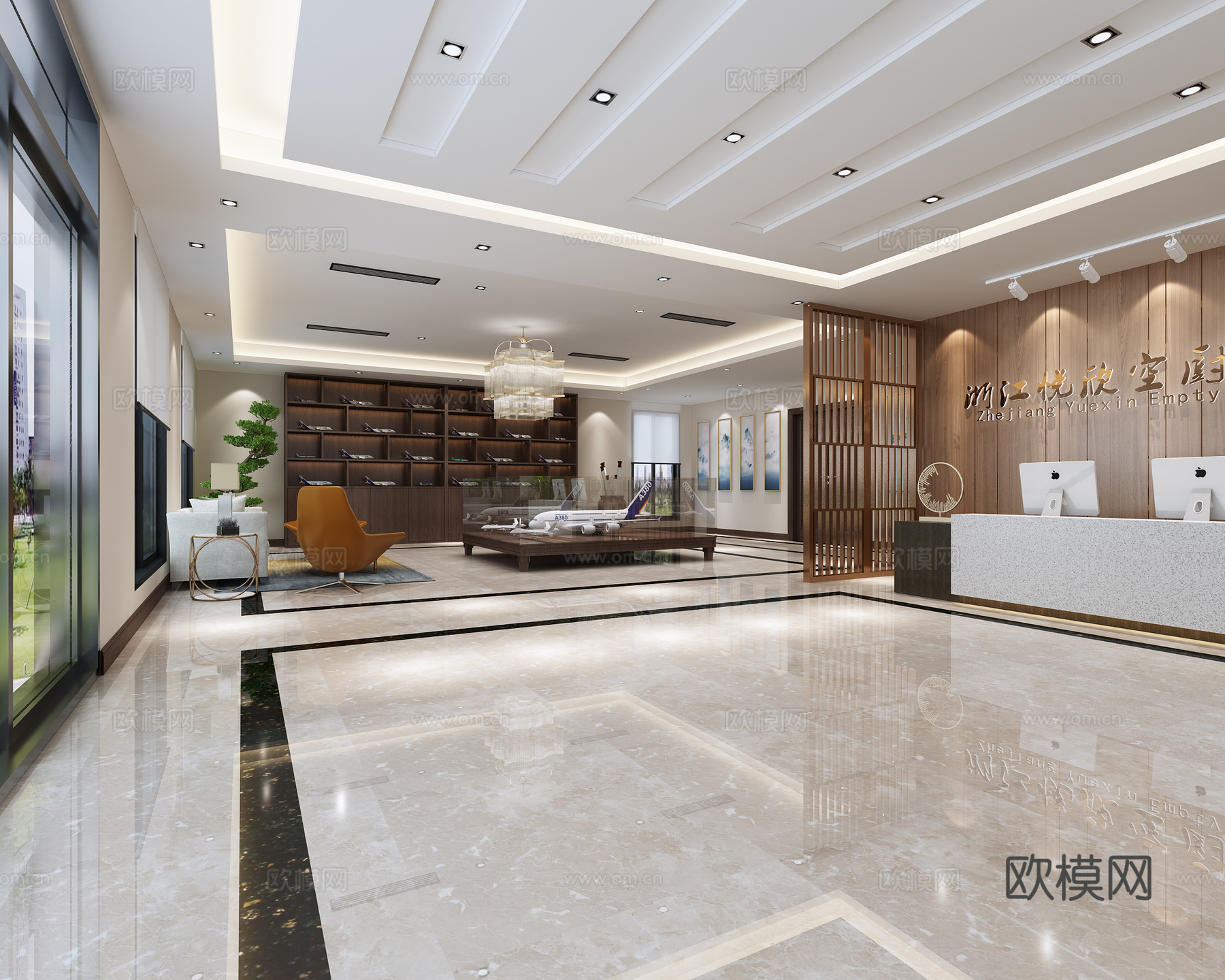 现代展厅 飞机 航模 大厅前台隔断沙发茶几 挂画3d模型