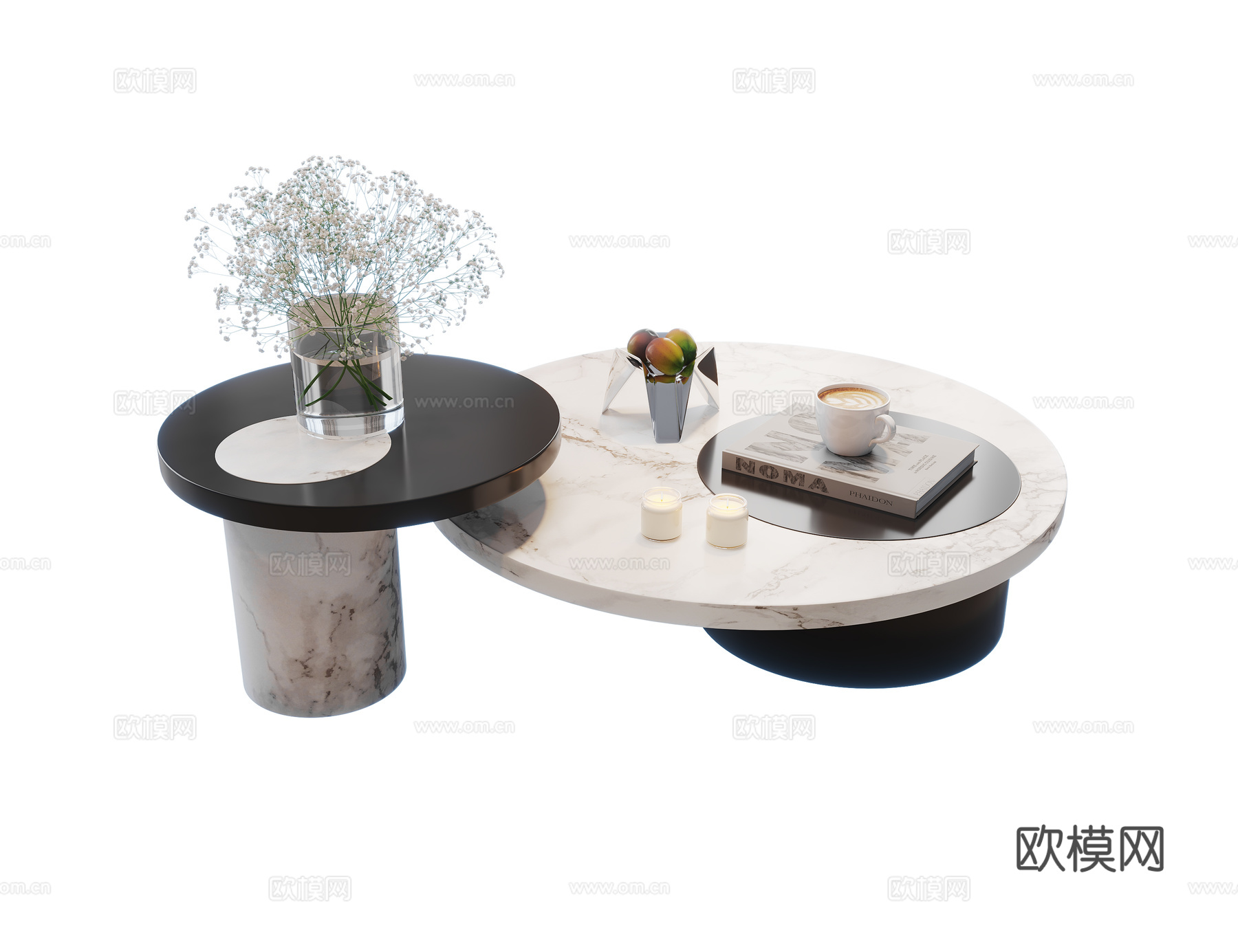 现代茶几 大理石茶几 石材茶几 圆形茶几 子母茶几 茶几摆件3d模型