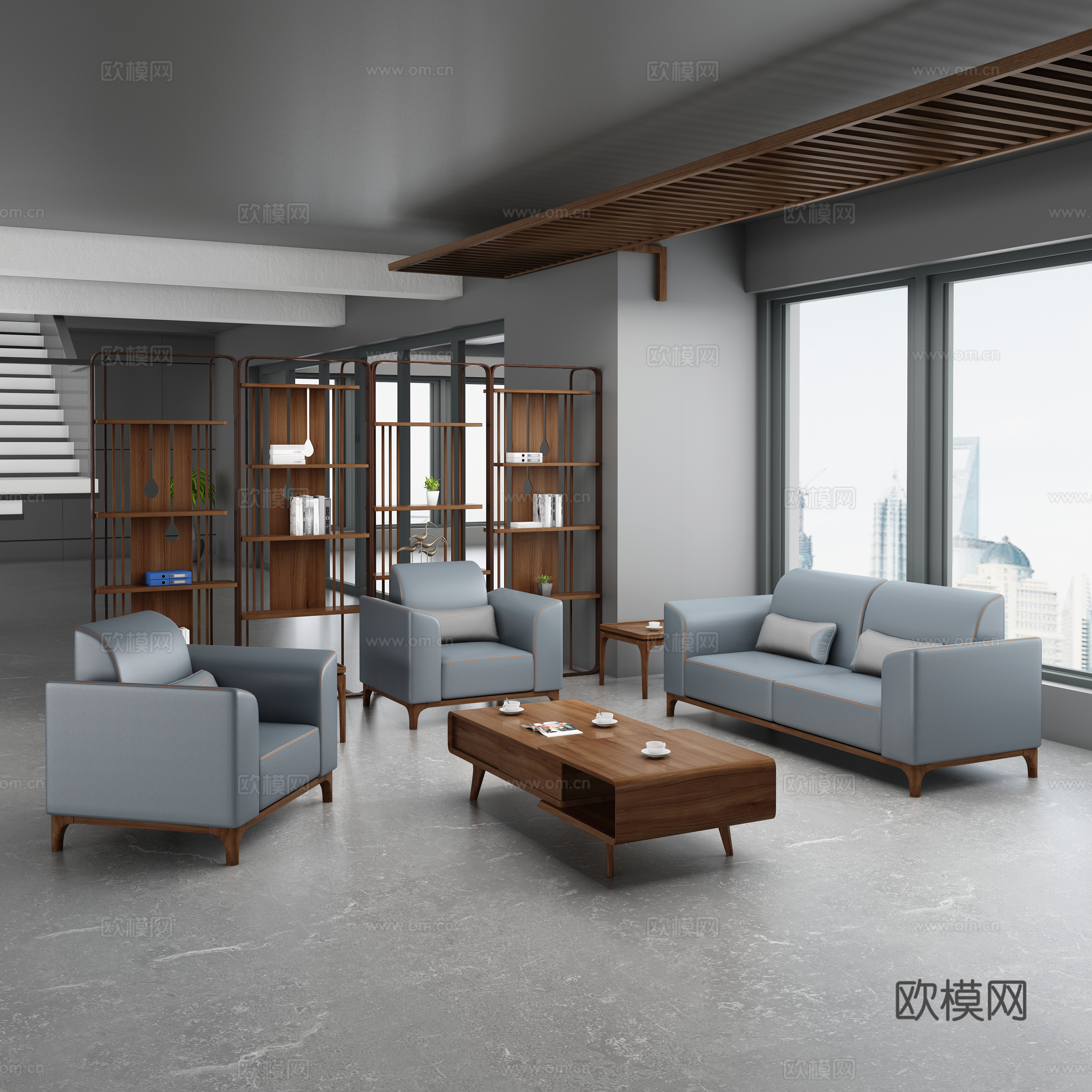 新中式办公空间 办公接待室 休息室 博古架 真皮沙发茶几组合3d模型
