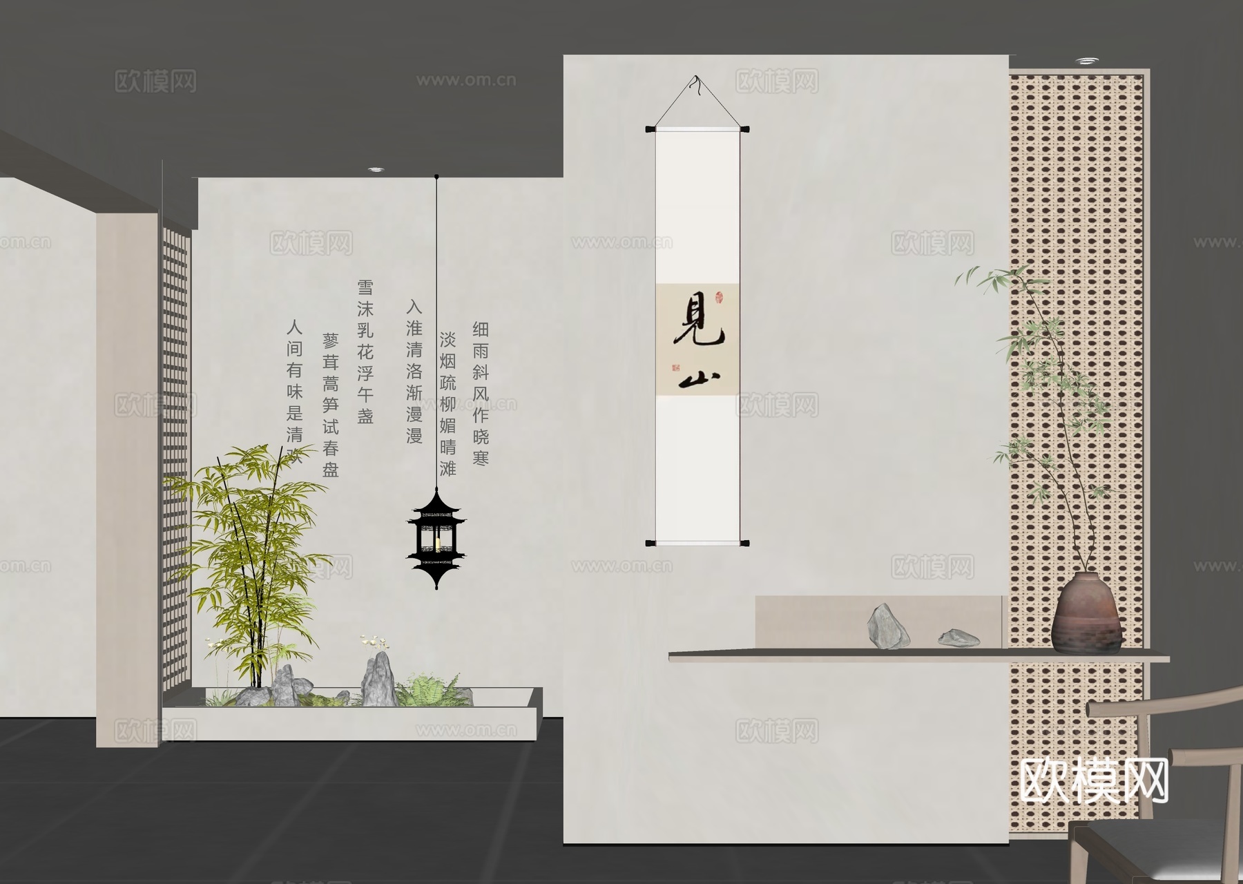 新中式玄关 挂画su模型