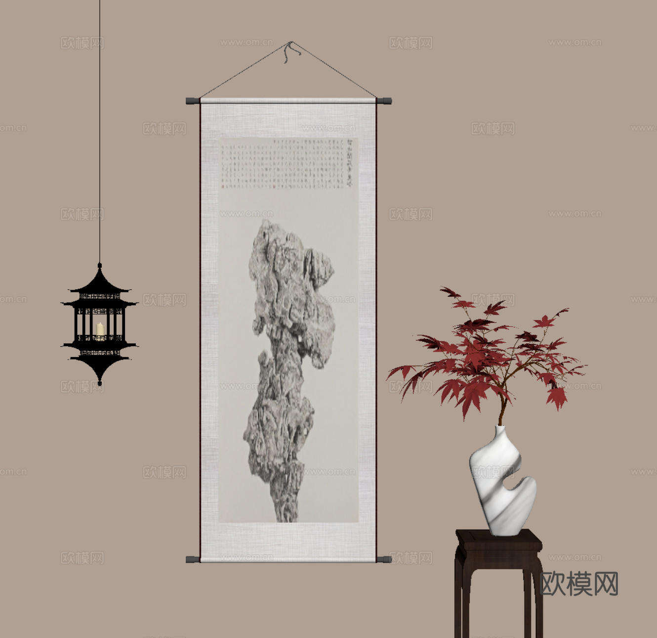 新中式花架 盆景 挂画 吊灯su模型