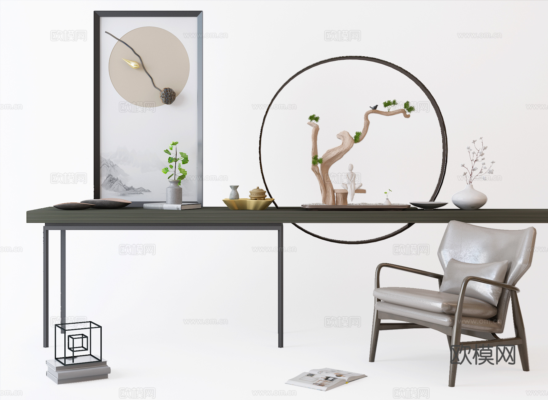 新中式玄关柜饰品3d模型