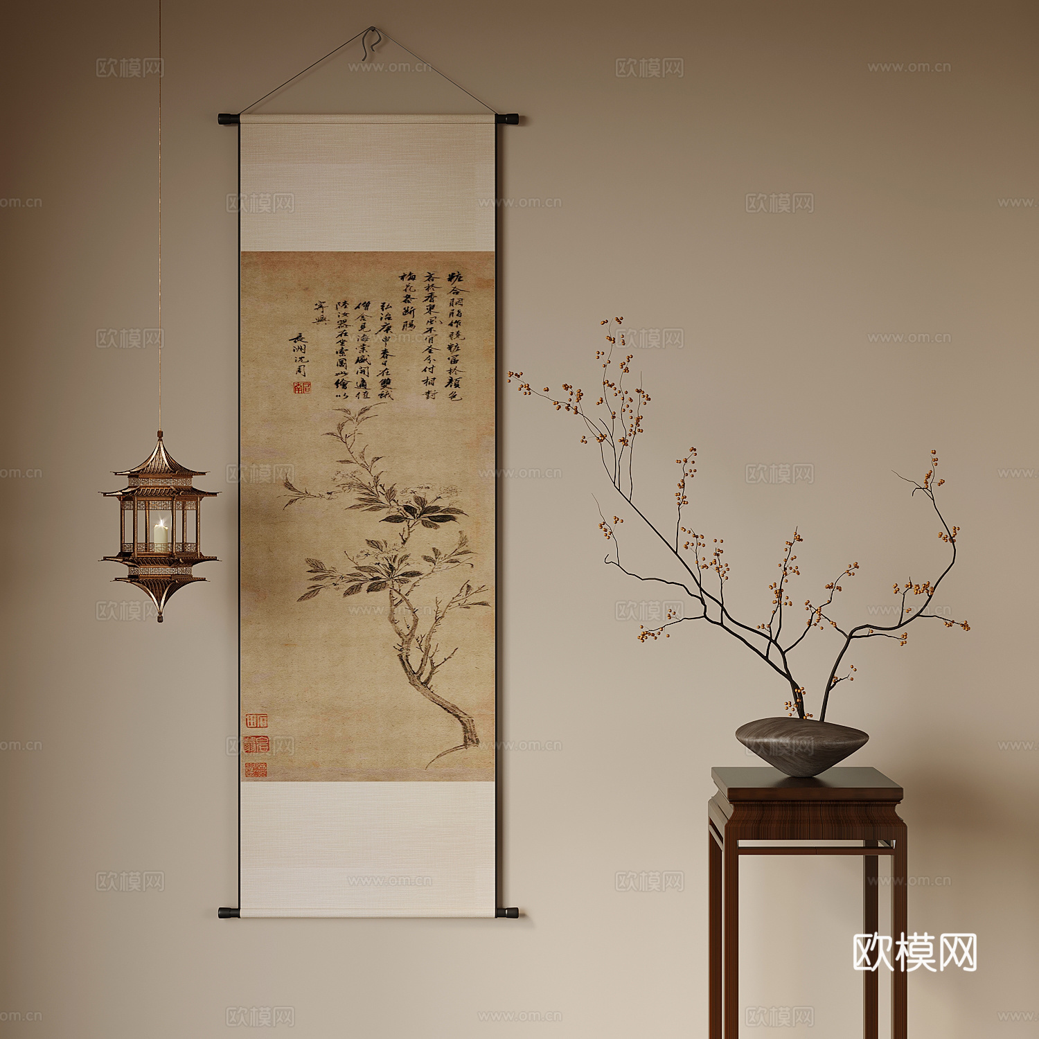 新中式花架 盆景 挂画 吊灯su模型