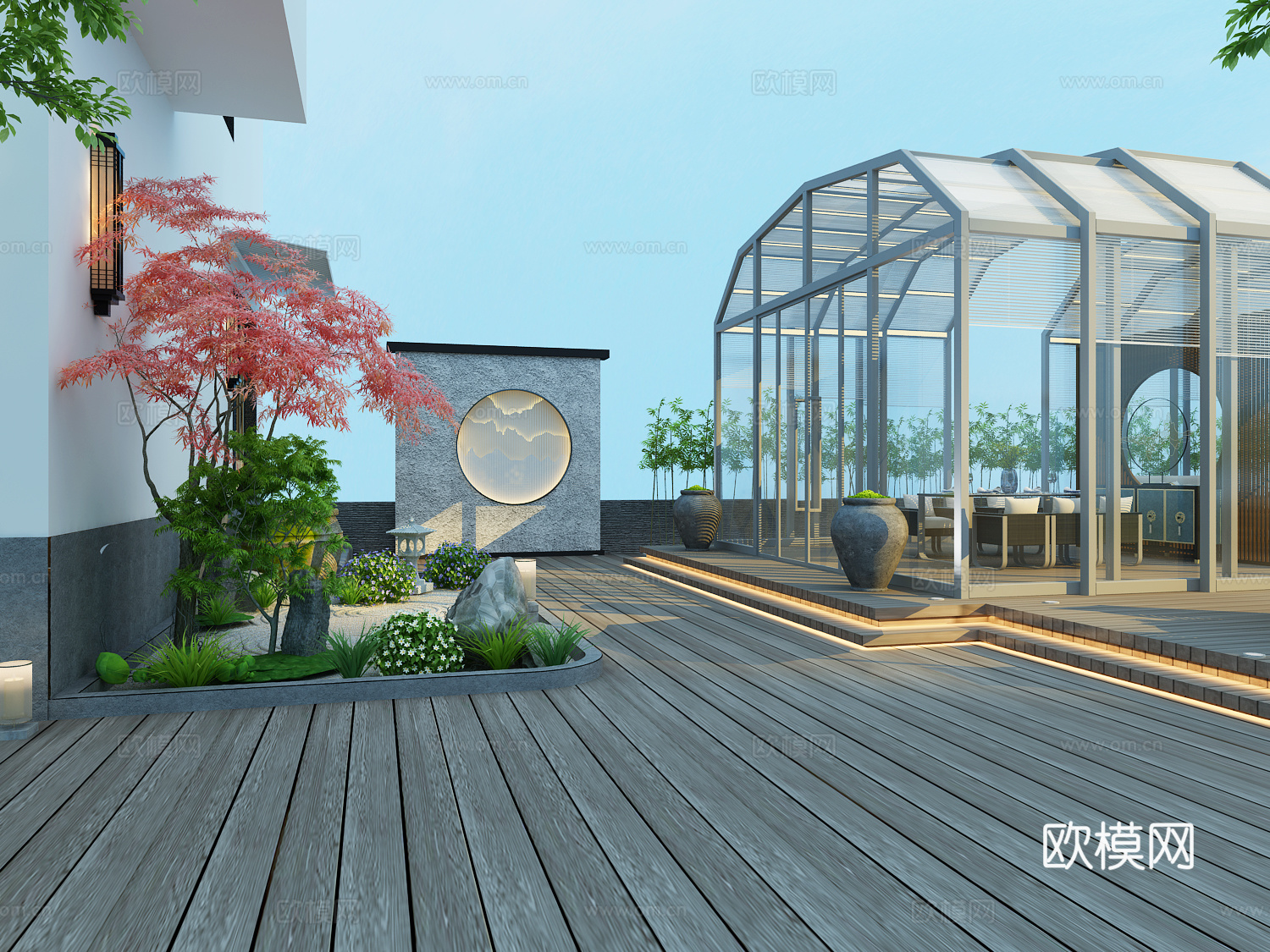 新中式楼顶花园    电动阳光房 景观 户外沙发餐椅3d模型