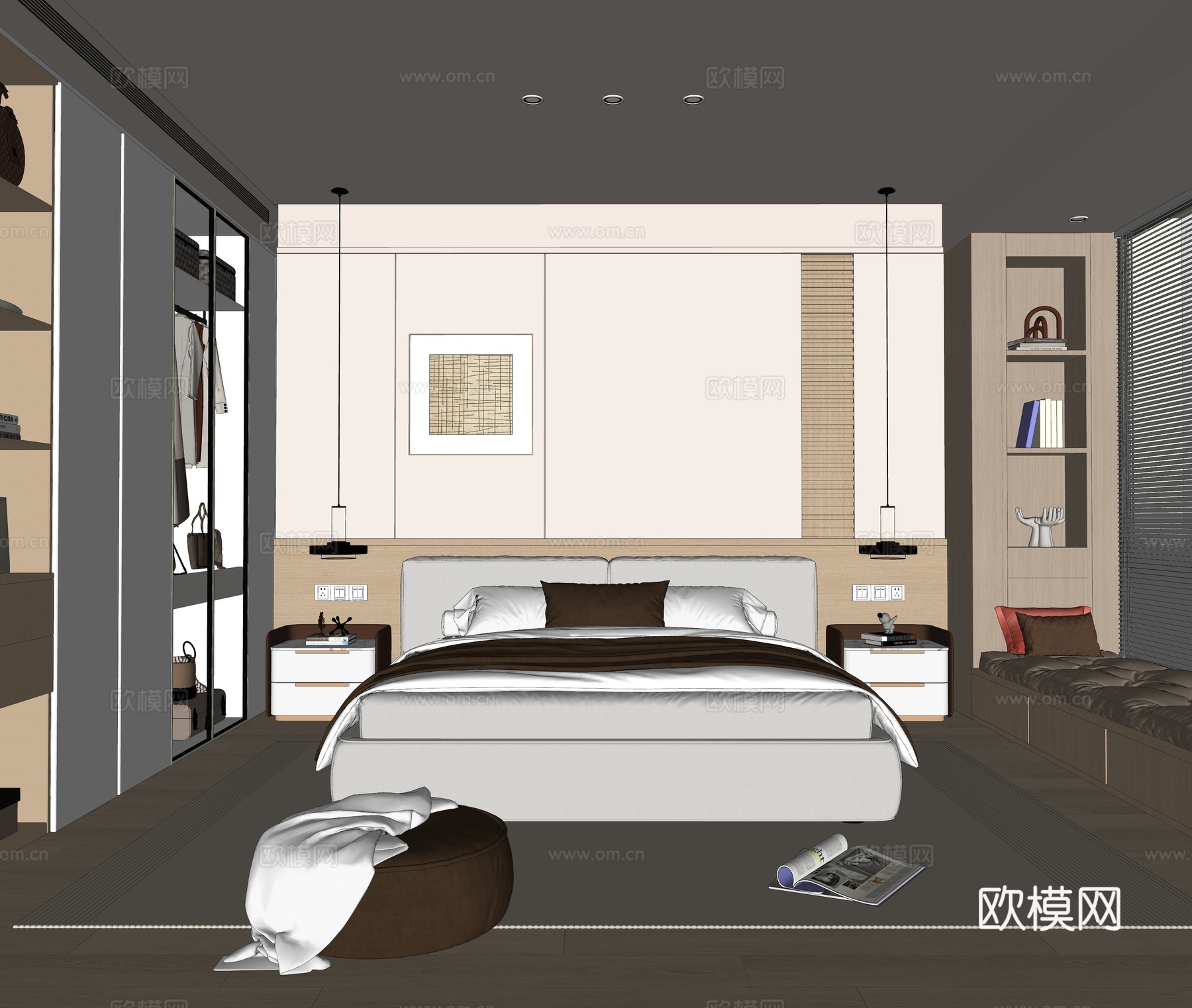 现代卧室 双人床 衣柜su模型