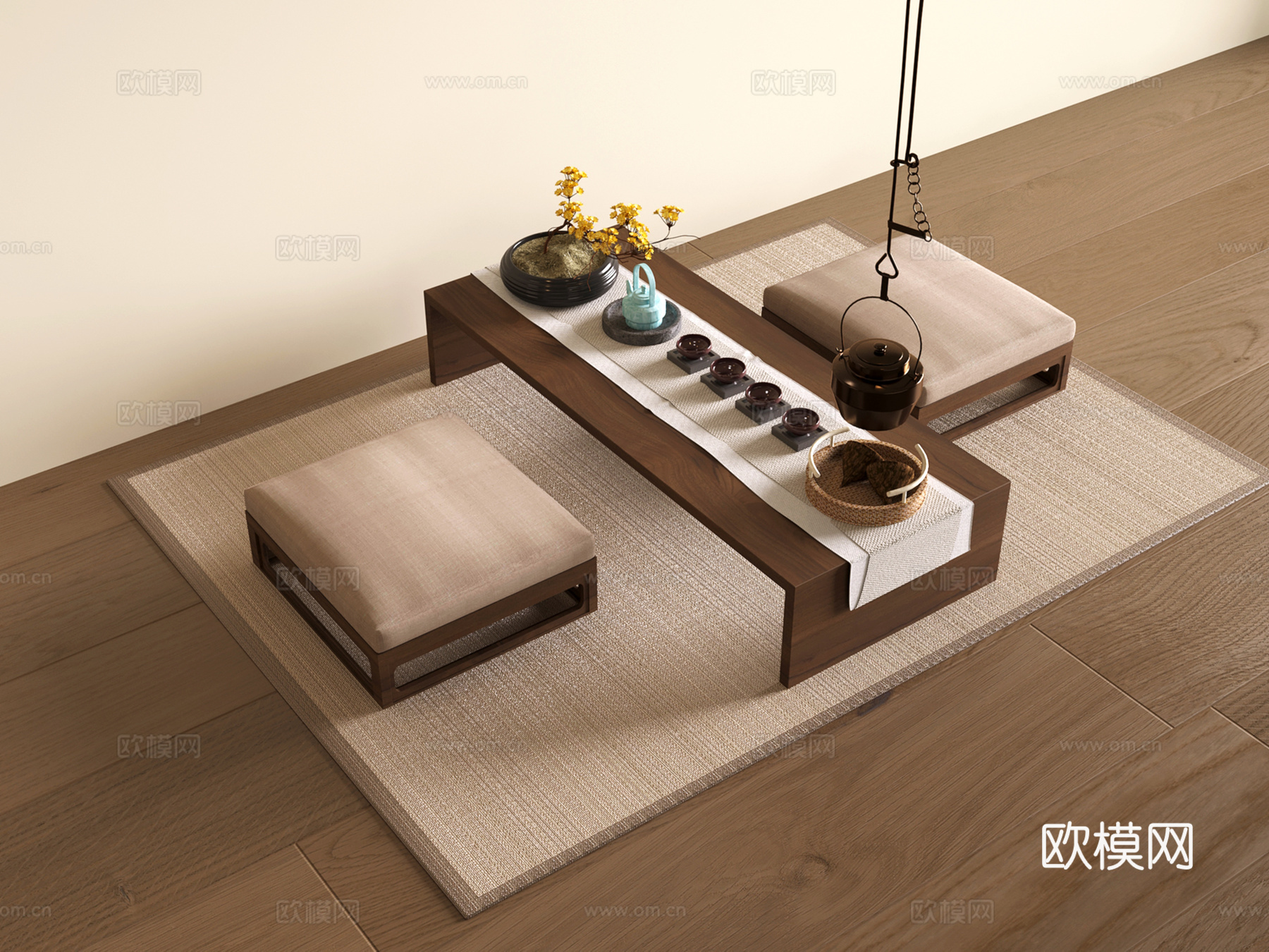 中式踏踏米茶桌椅 茶具 蒲团 茶台 茶托盘3d模型