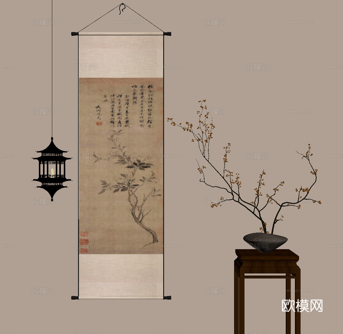 新中式花架 盆景 挂画 吊灯su模型
