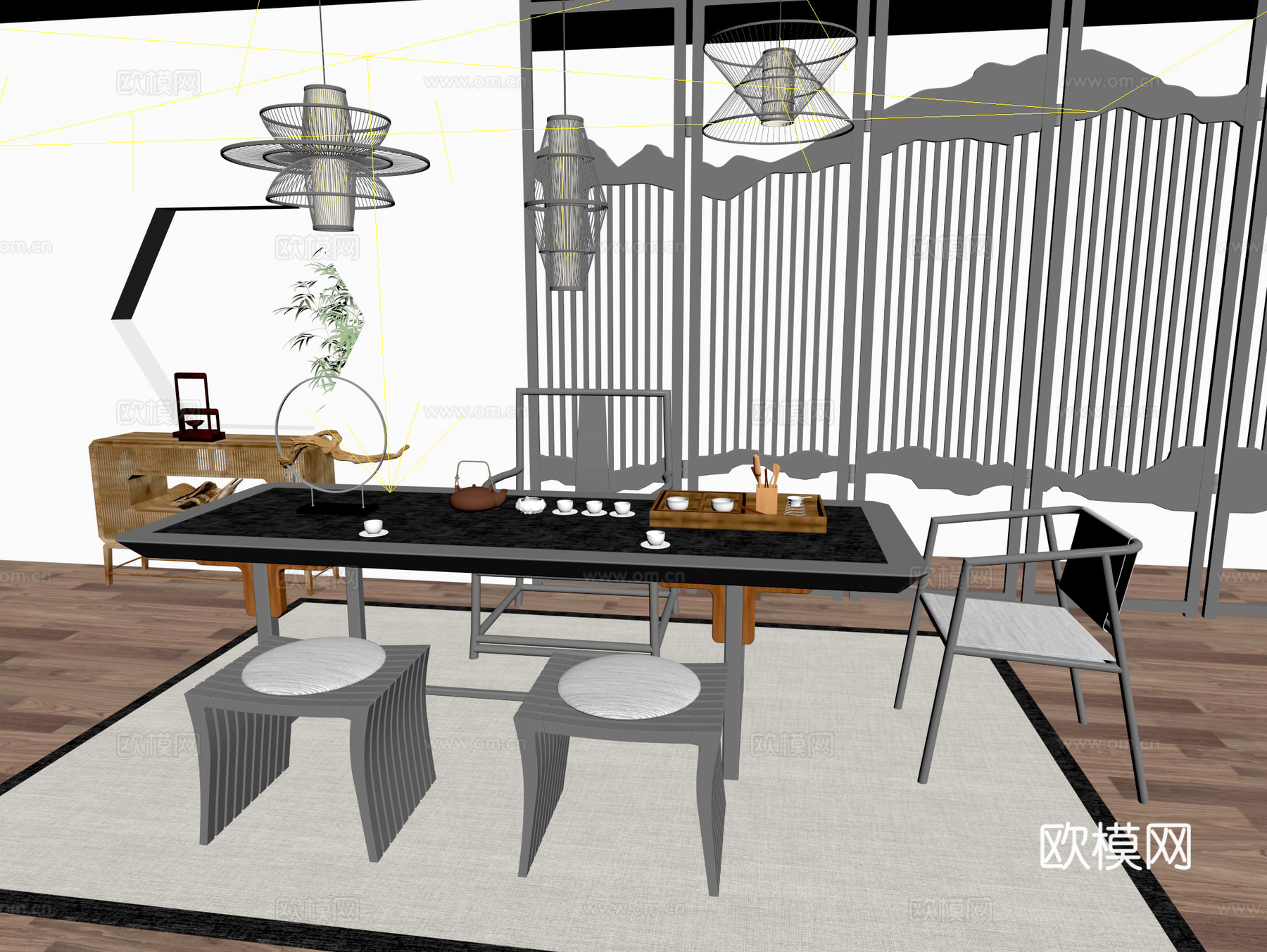 新中式 桌椅 茶桌椅 茶几 茶具3d模型下载（渲染图2）