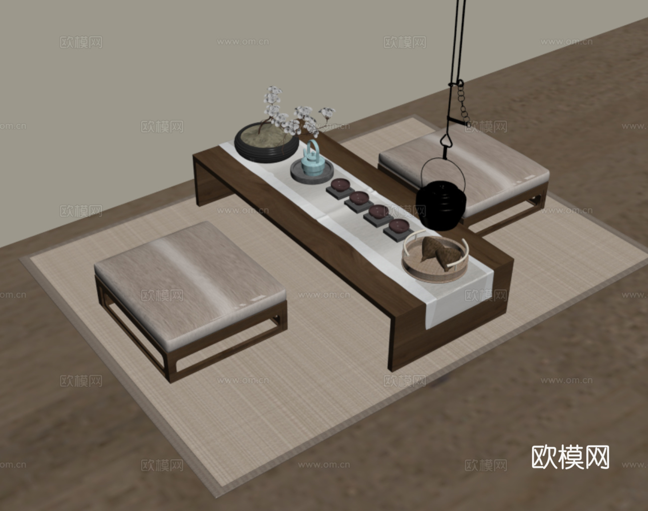 中式踏踏米茶桌椅 茶具 蒲团 茶台 茶托盘su模型