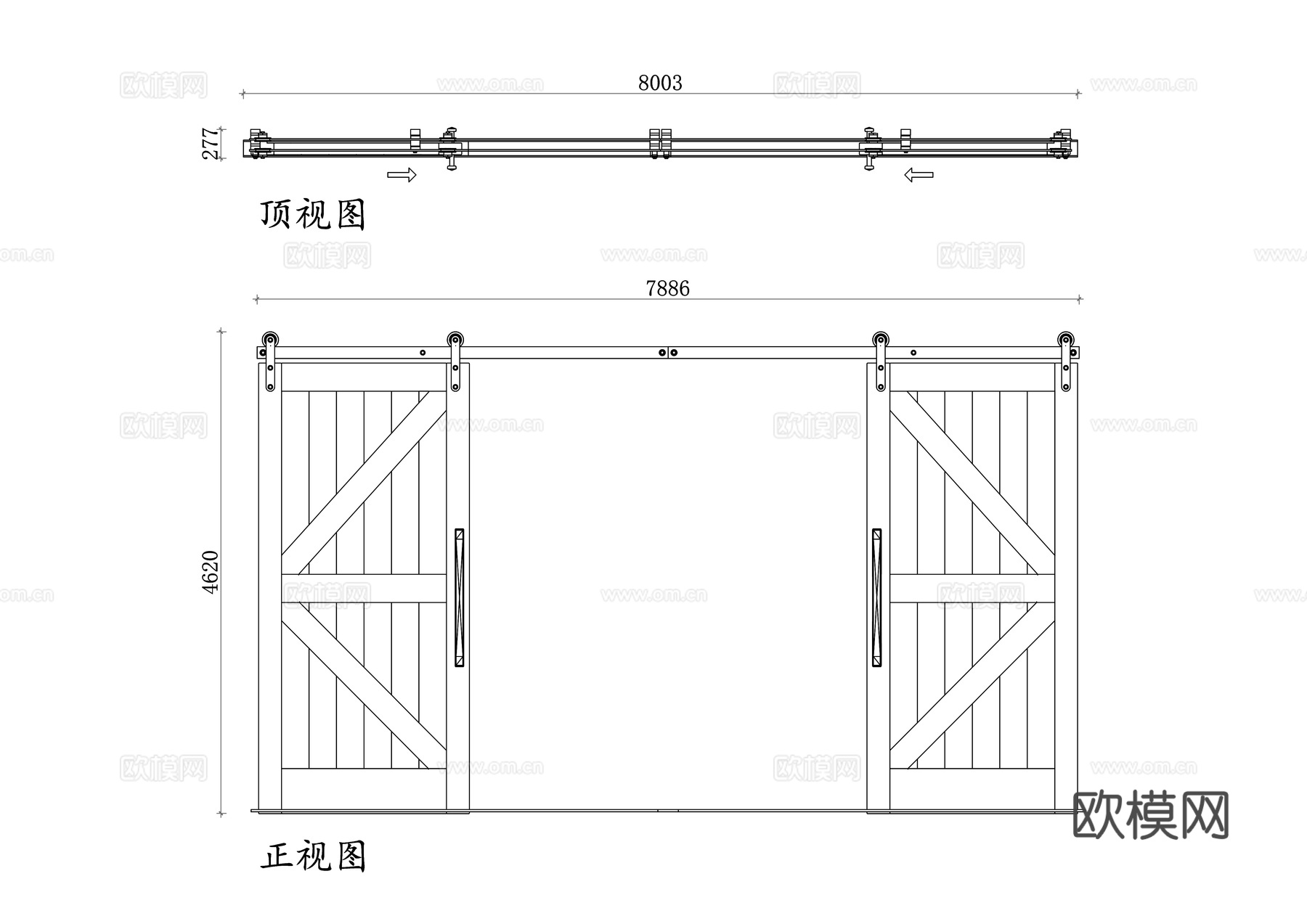 滑动谷仓门 谷仓门平面图 滑动门设计图 木质推拉门结构图cad施工图