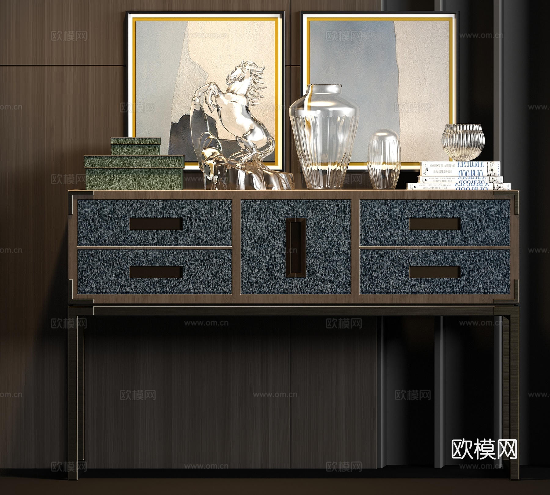 新中式金属皮革端景柜饰品组合3d模型