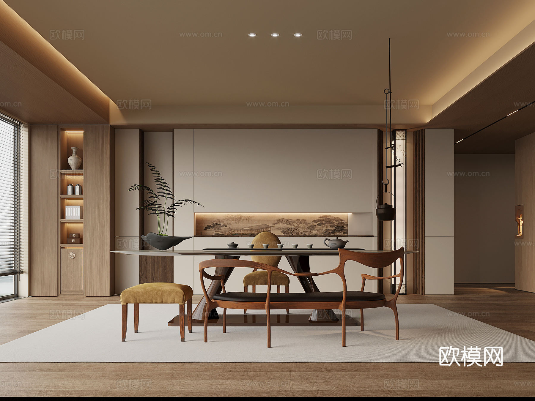 中古风茶室 茶桌椅组合 茶具 背景墙su模型