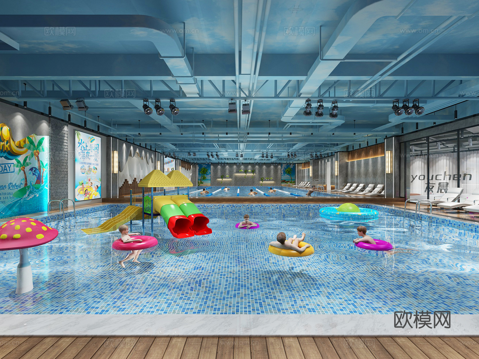 工业风室内游泳馆 吊灯 躺椅 水上娱乐设施 模型人3d模型下载